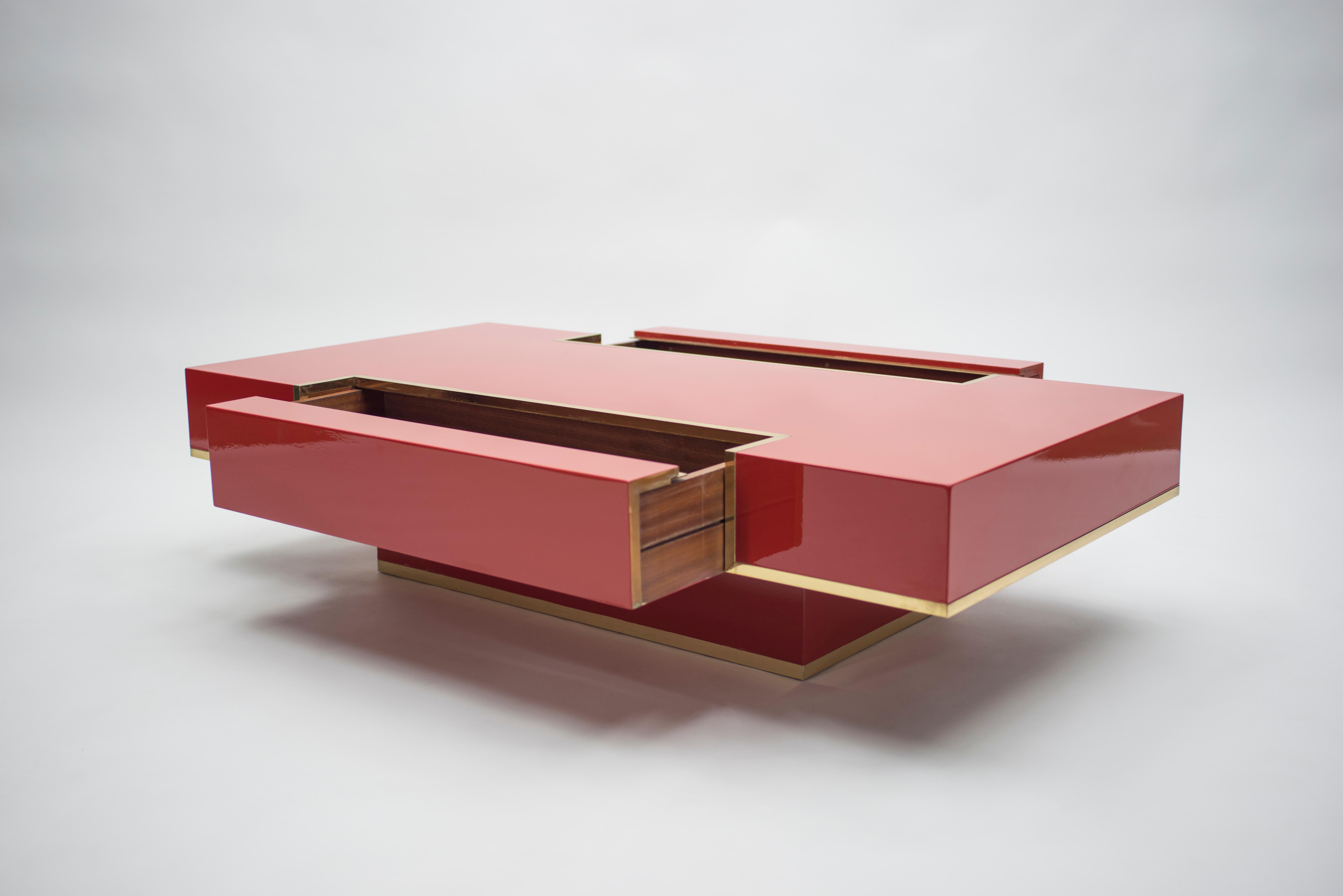 Rare J.C. Mahey Red Lacquer and Brass Coffee Table, 1970s 8