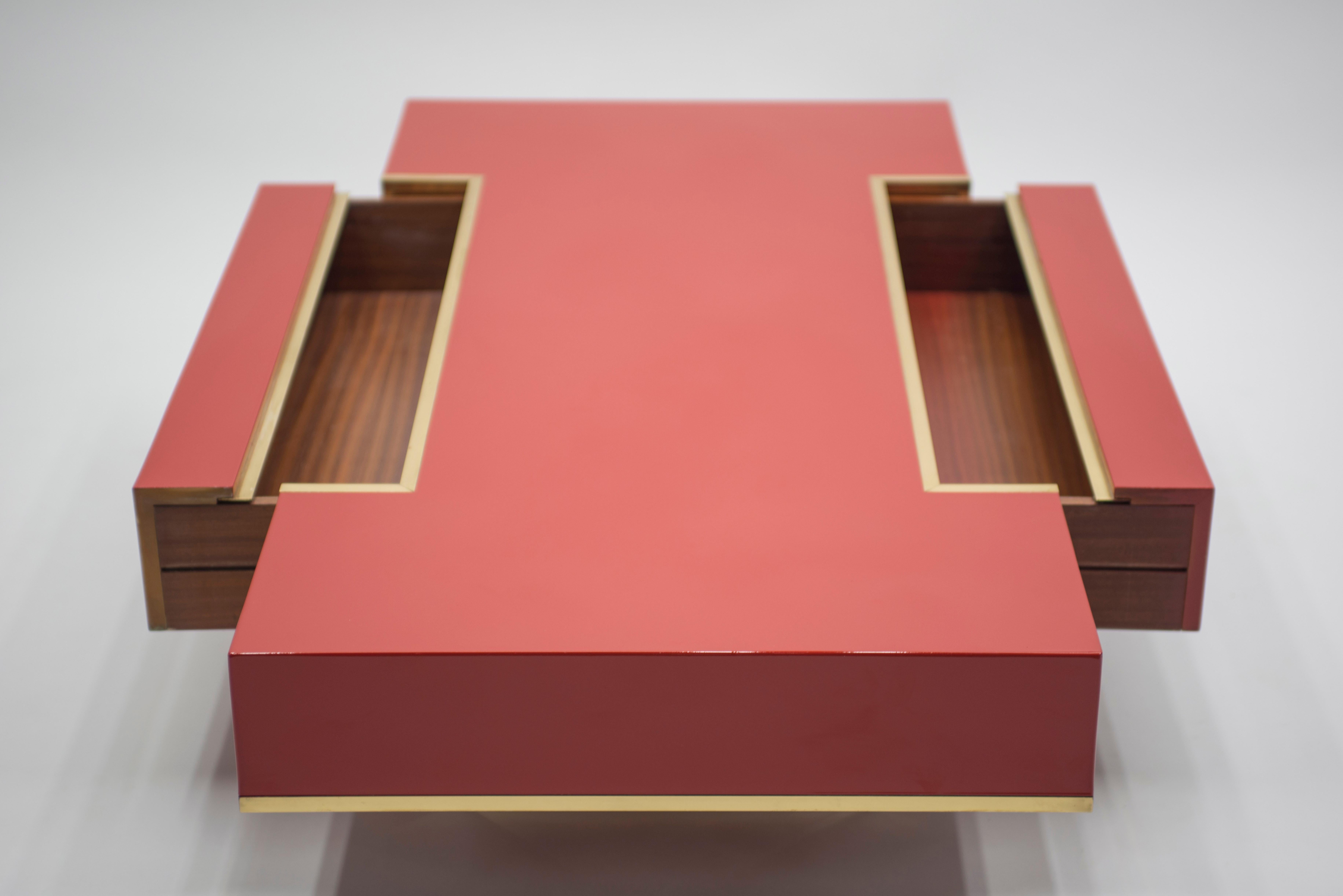 Rare J.C. Mahey Red Lacquer and Brass Coffee Table, 1970s 9
