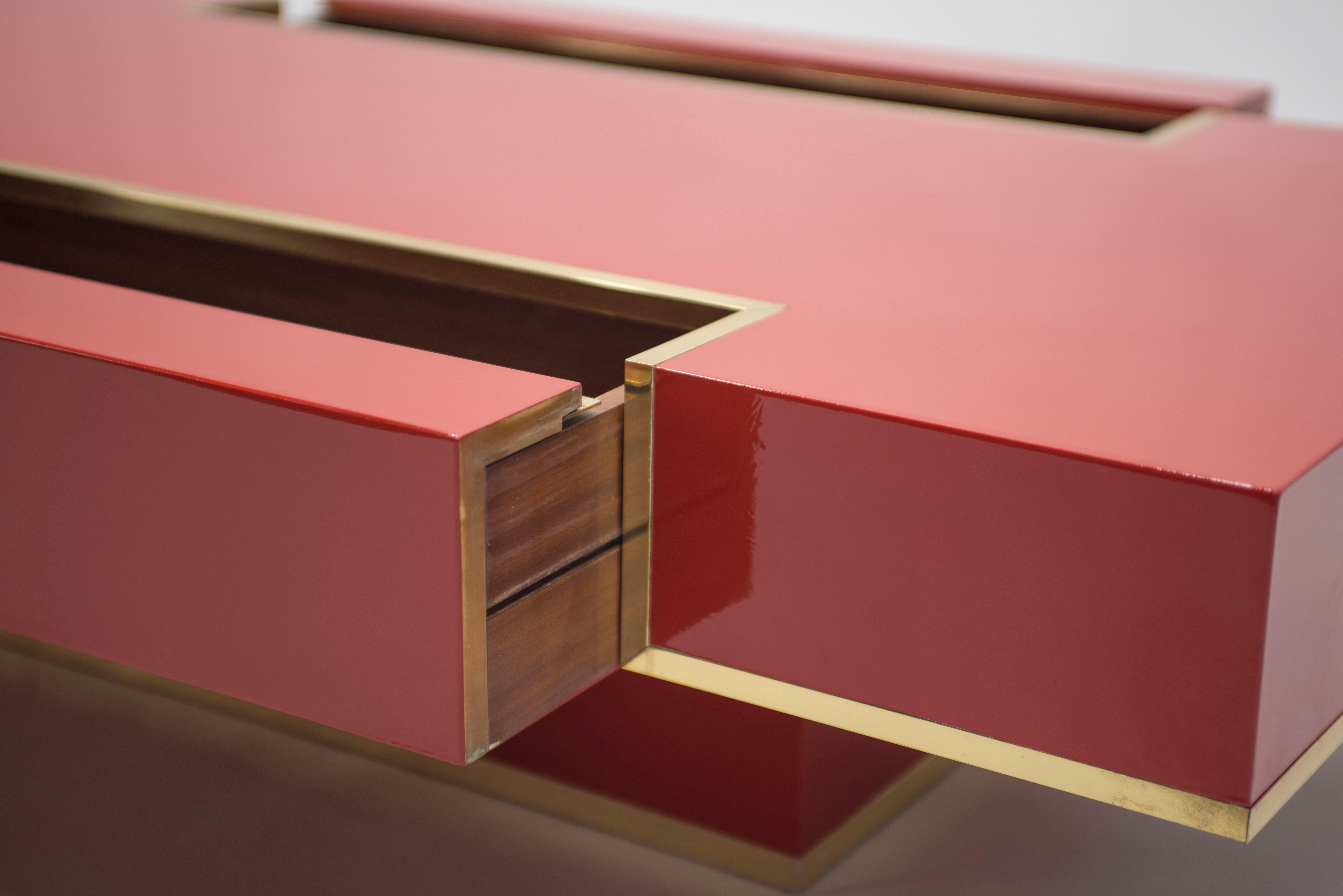Rare J.C. Mahey Red Lacquer and Brass Coffee Table, 1970s 10