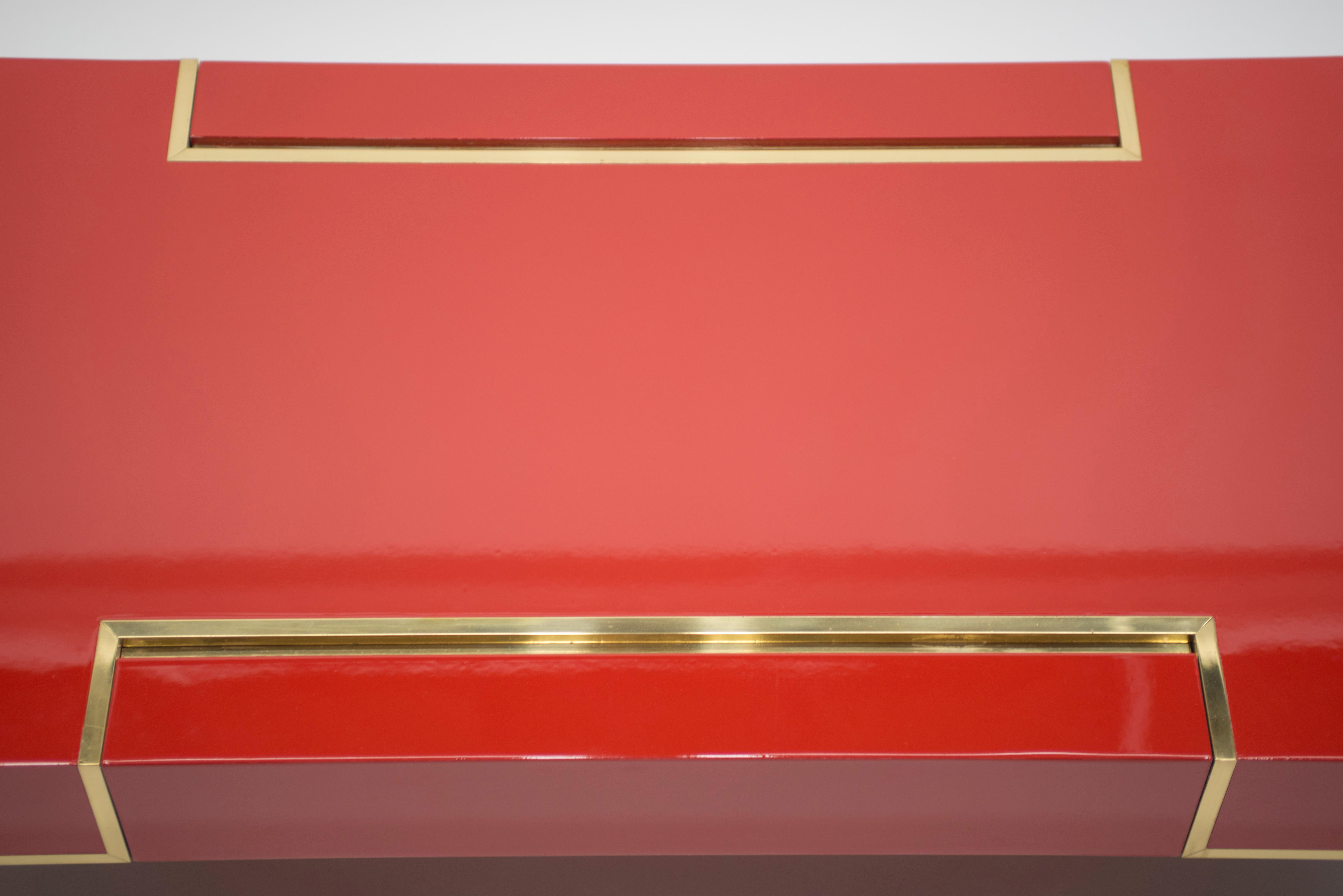 Rare J.C. Mahey Red Lacquer and Brass Coffee Table, 1970s 11