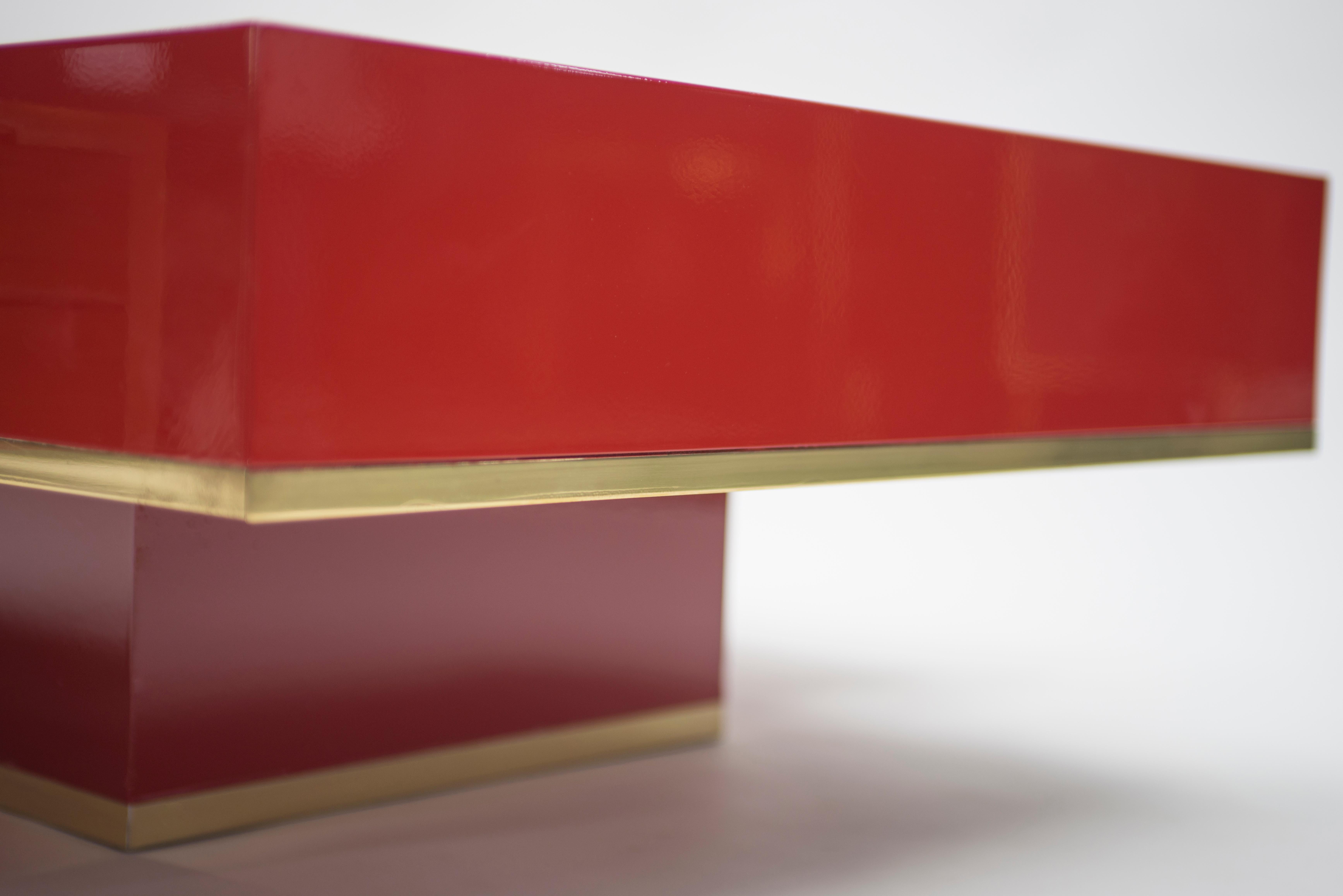 Rare J.C. Mahey Red Lacquer and Brass Coffee Table, 1970s 13