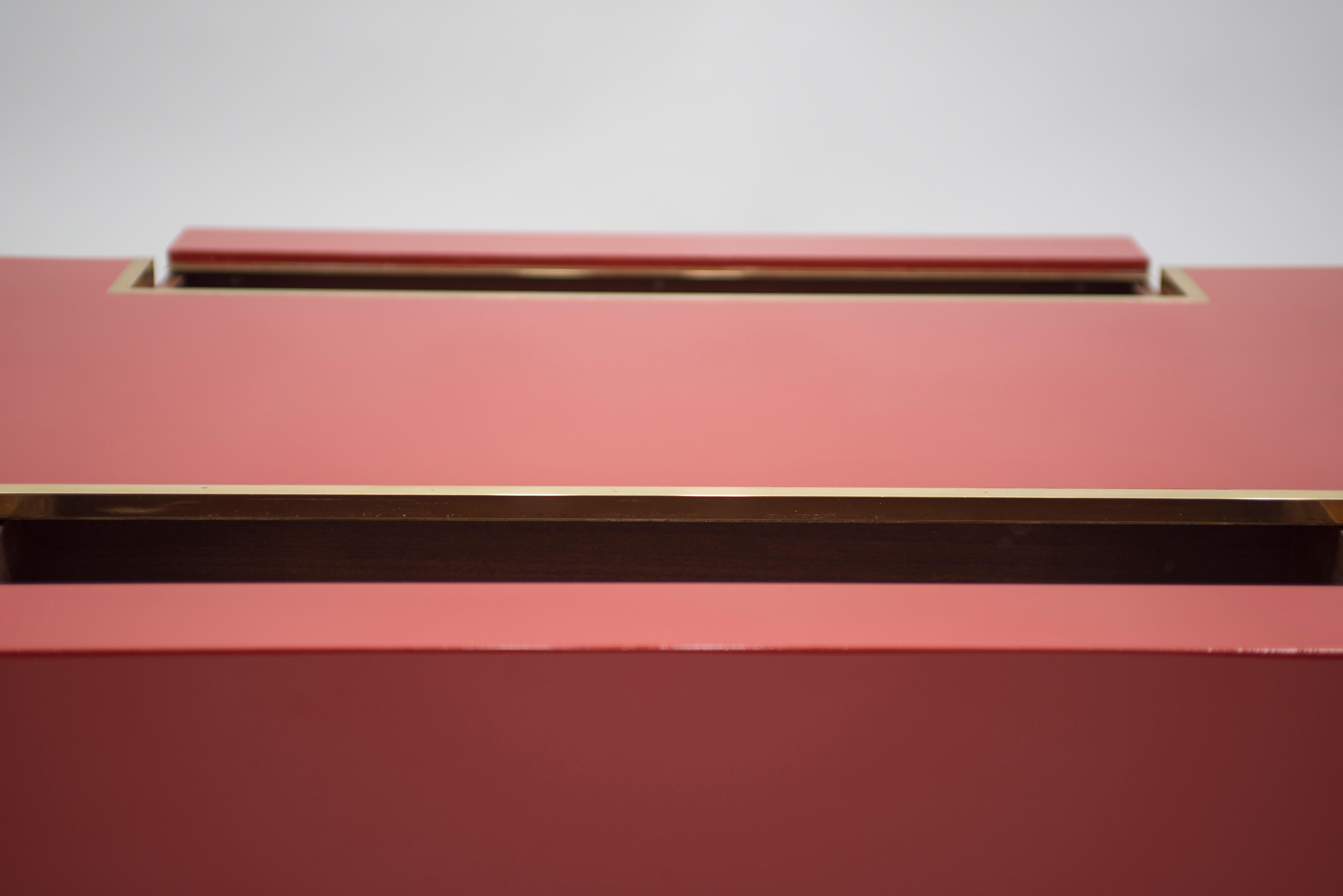 Rare J.C. Mahey Red Lacquer and Brass Coffee Table, 1970s 14
