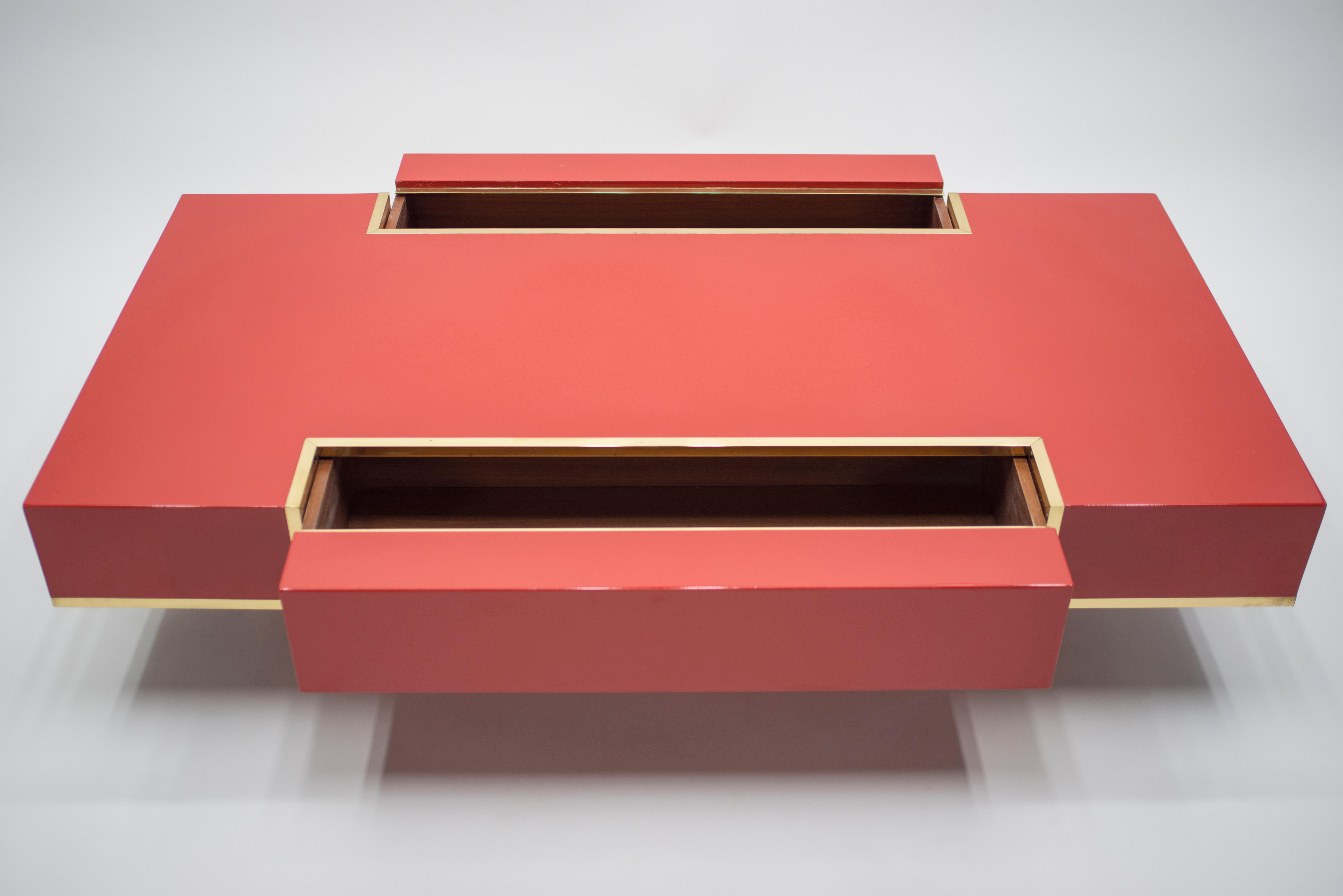 French Rare J.C. Mahey Red Lacquer and Brass Coffee Table, 1970s