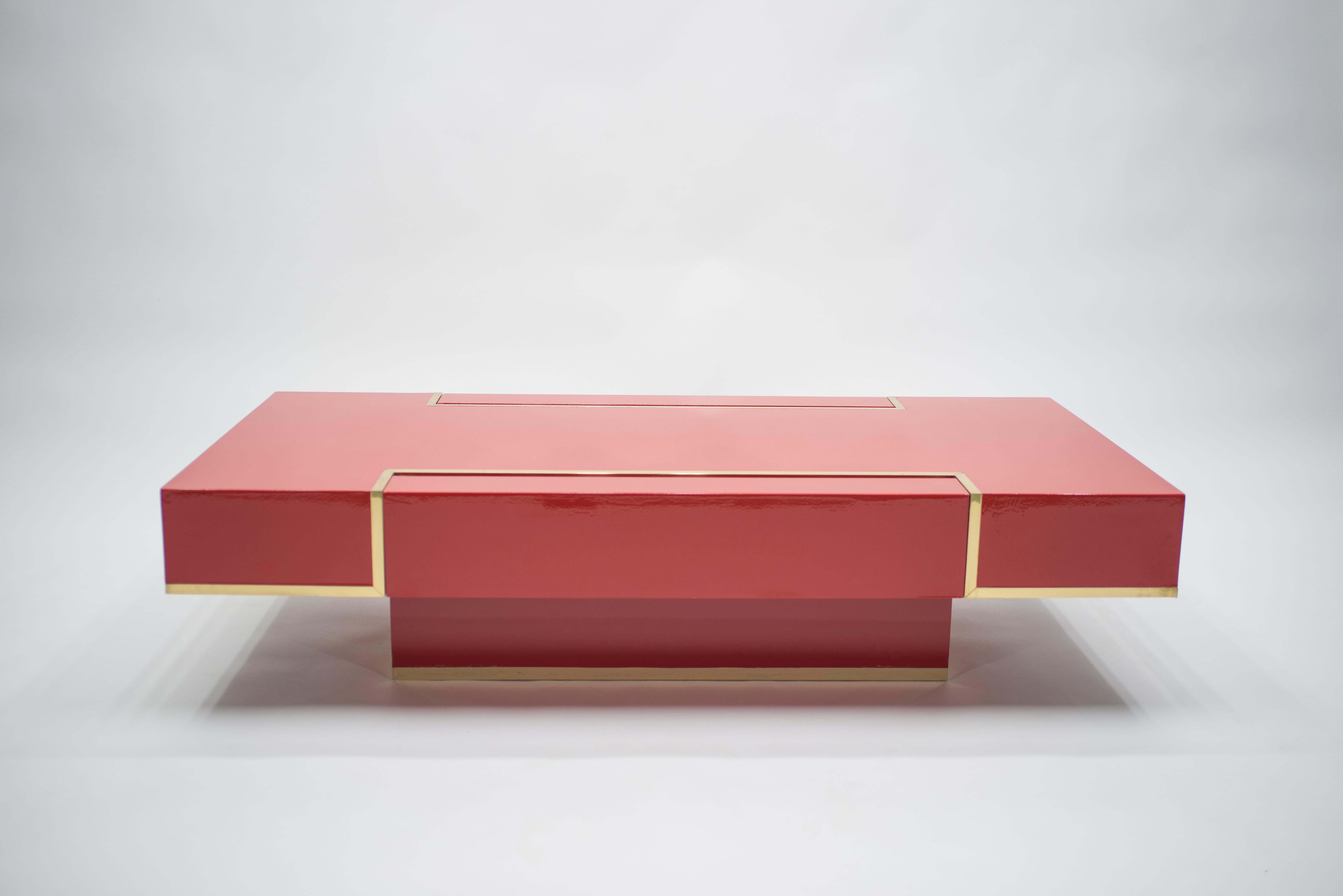 Rare J.C. Mahey Red Lacquer and Brass Coffee Table, 1970s In Excellent Condition In Paris, IDF