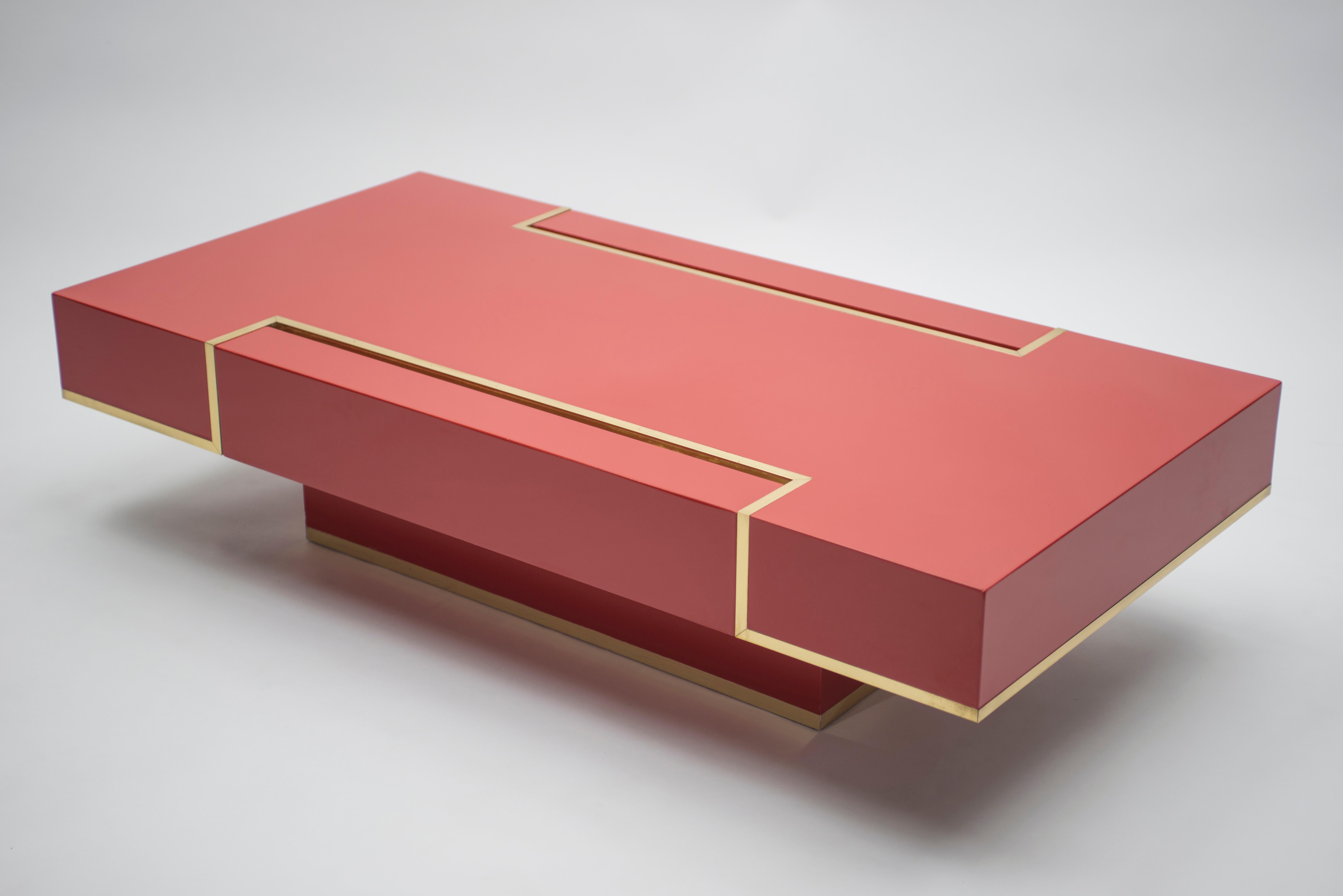 Late 20th Century Rare J.C. Mahey Red Lacquer and Brass Coffee Table, 1970s