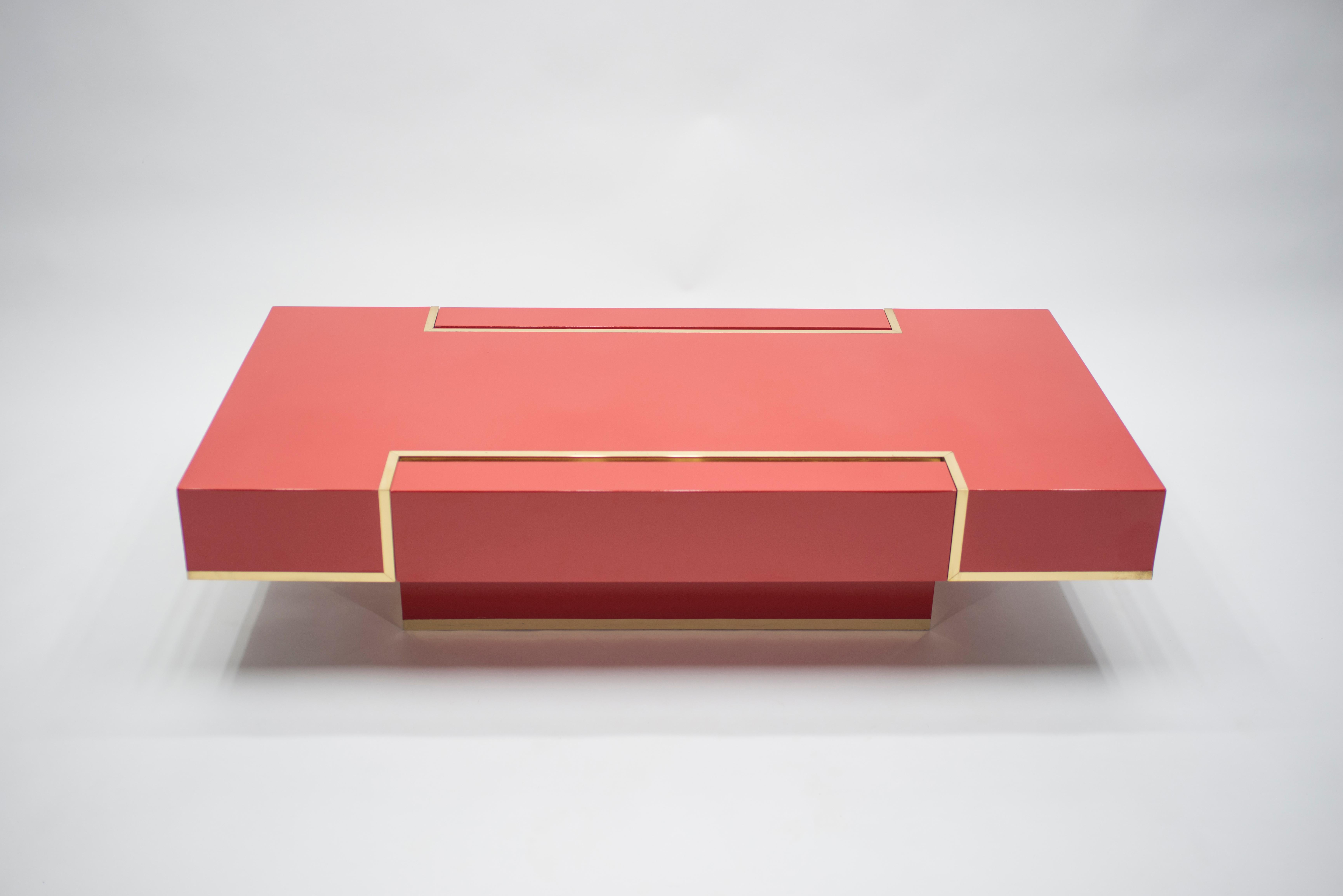 Rare J.C. Mahey Red Lacquer and Brass Coffee Table, 1970s 1