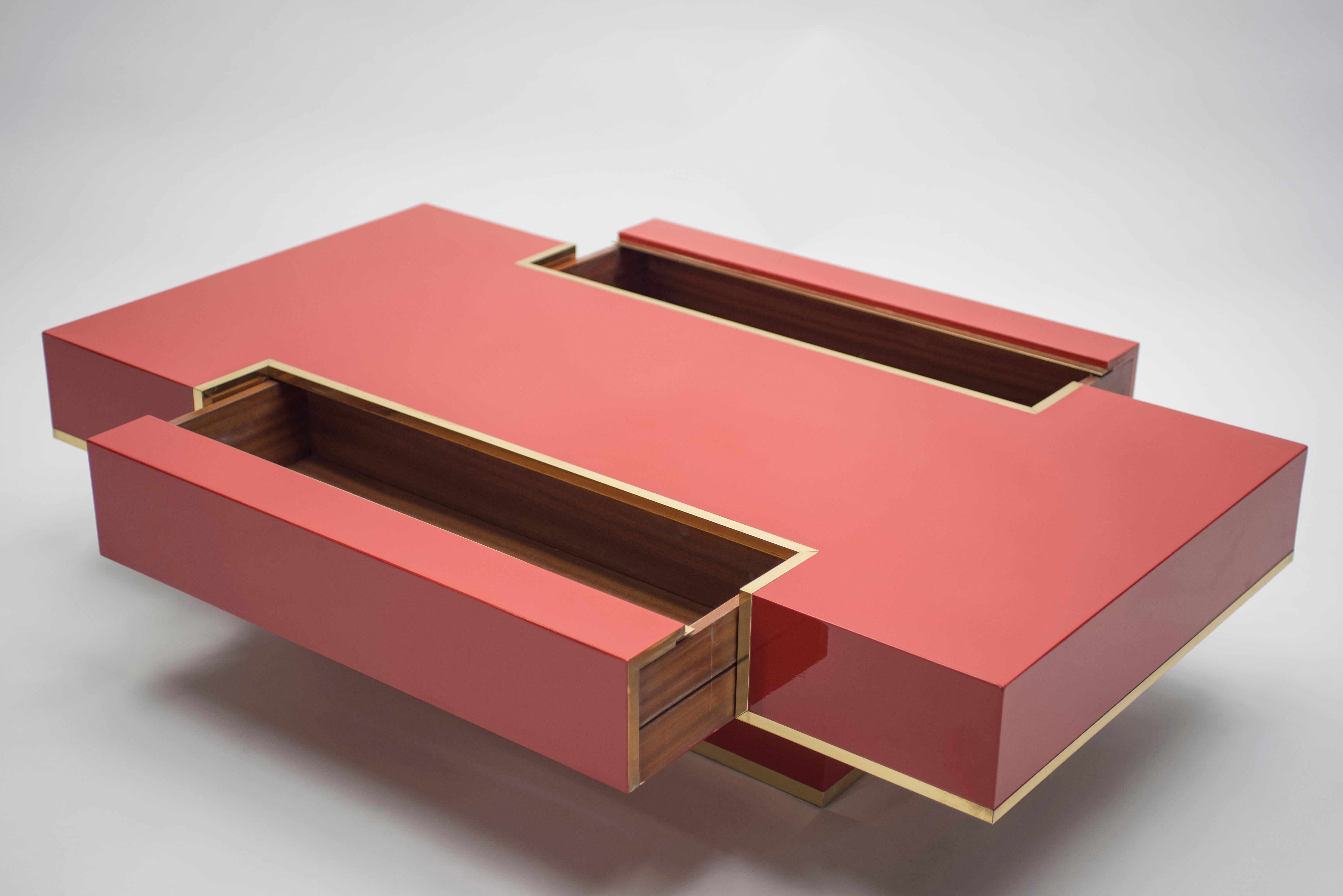 Rare J.C. Mahey Red Lacquer and Brass Coffee Table, 1970s 2
