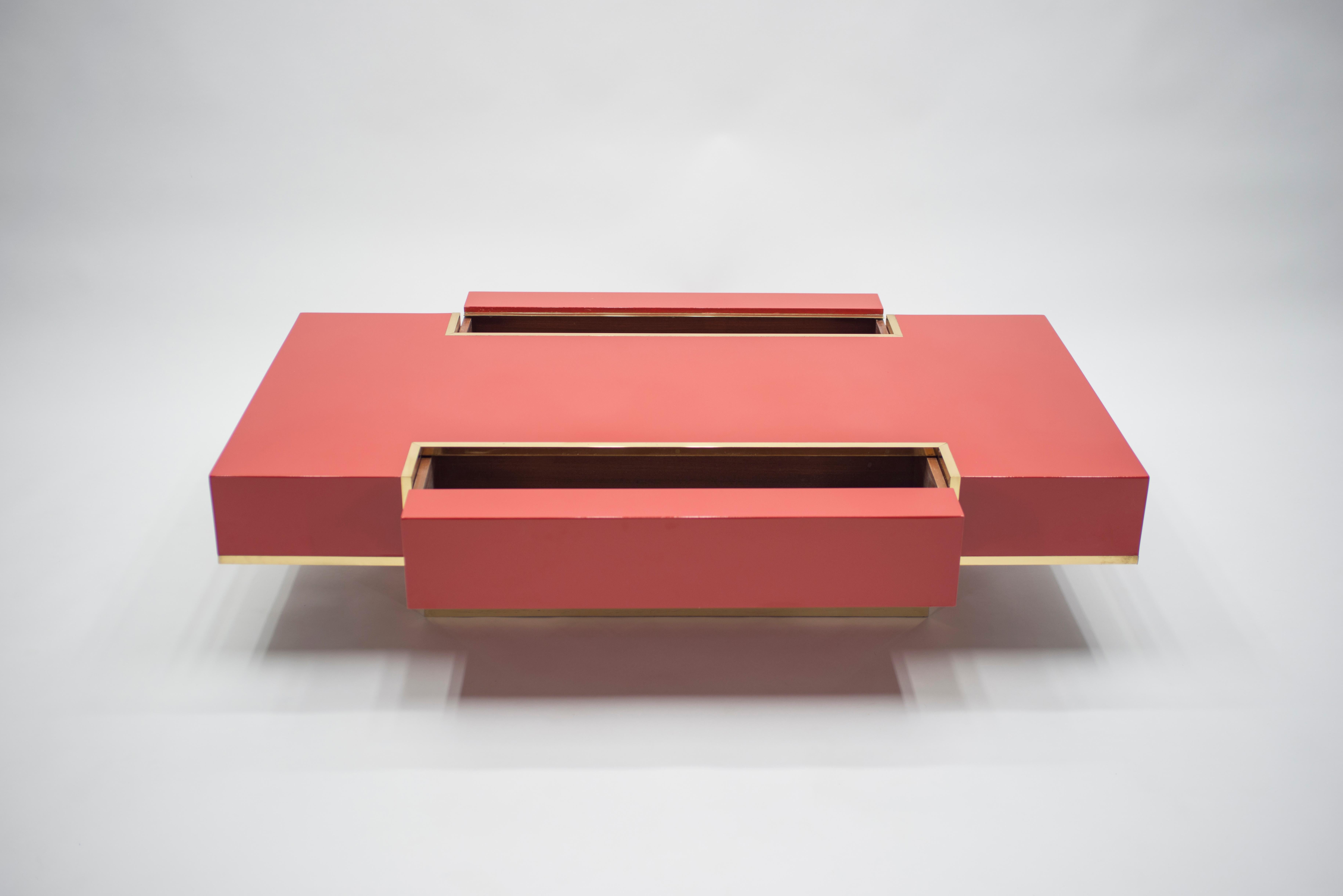 Rare J.C. Mahey Red Lacquer and Brass Coffee Table, 1970s 3