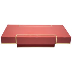 Rare J.C. Mahey Red Lacquer and Brass Coffee Table, 1970s