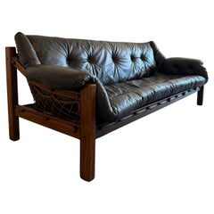 Rare Jean Gillon Tijuca Leather Sling Sofa Exotic Hardwood Rope Hammock Brazil