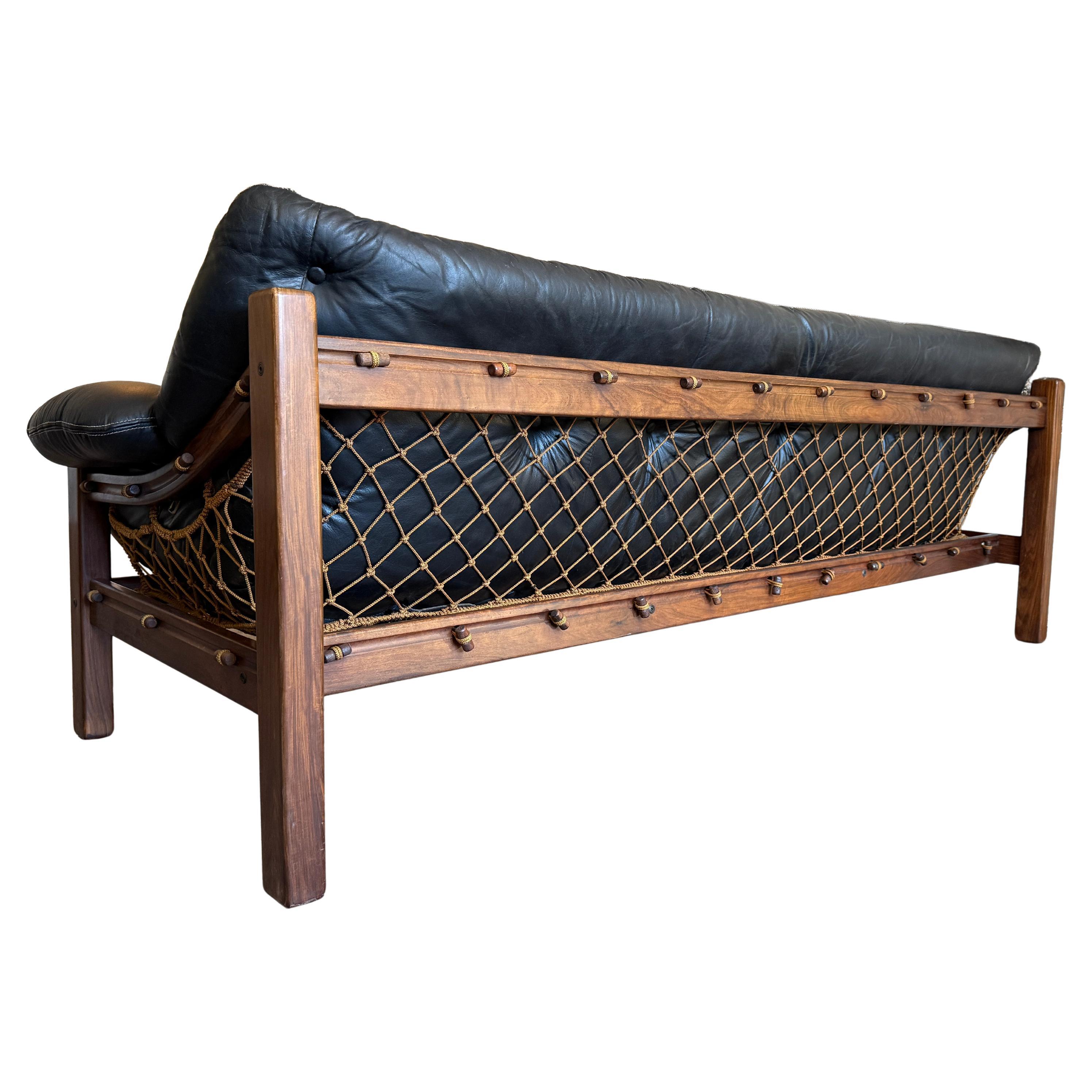 Rare Jean Gillon Tijuca Cuir Sling Sofa Exotic Hardwood Rope Hammock Brazil en vente 1