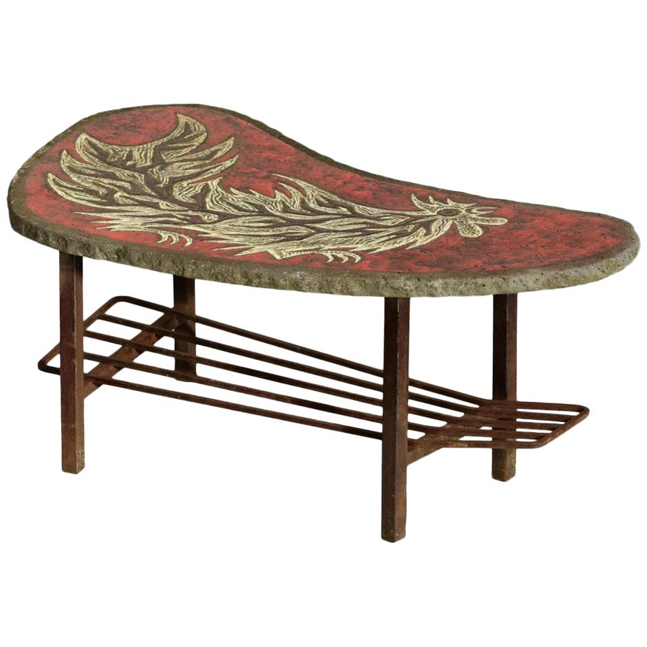Rare Jean Jaffeux Coffee Table Enamelled Lava Stone French