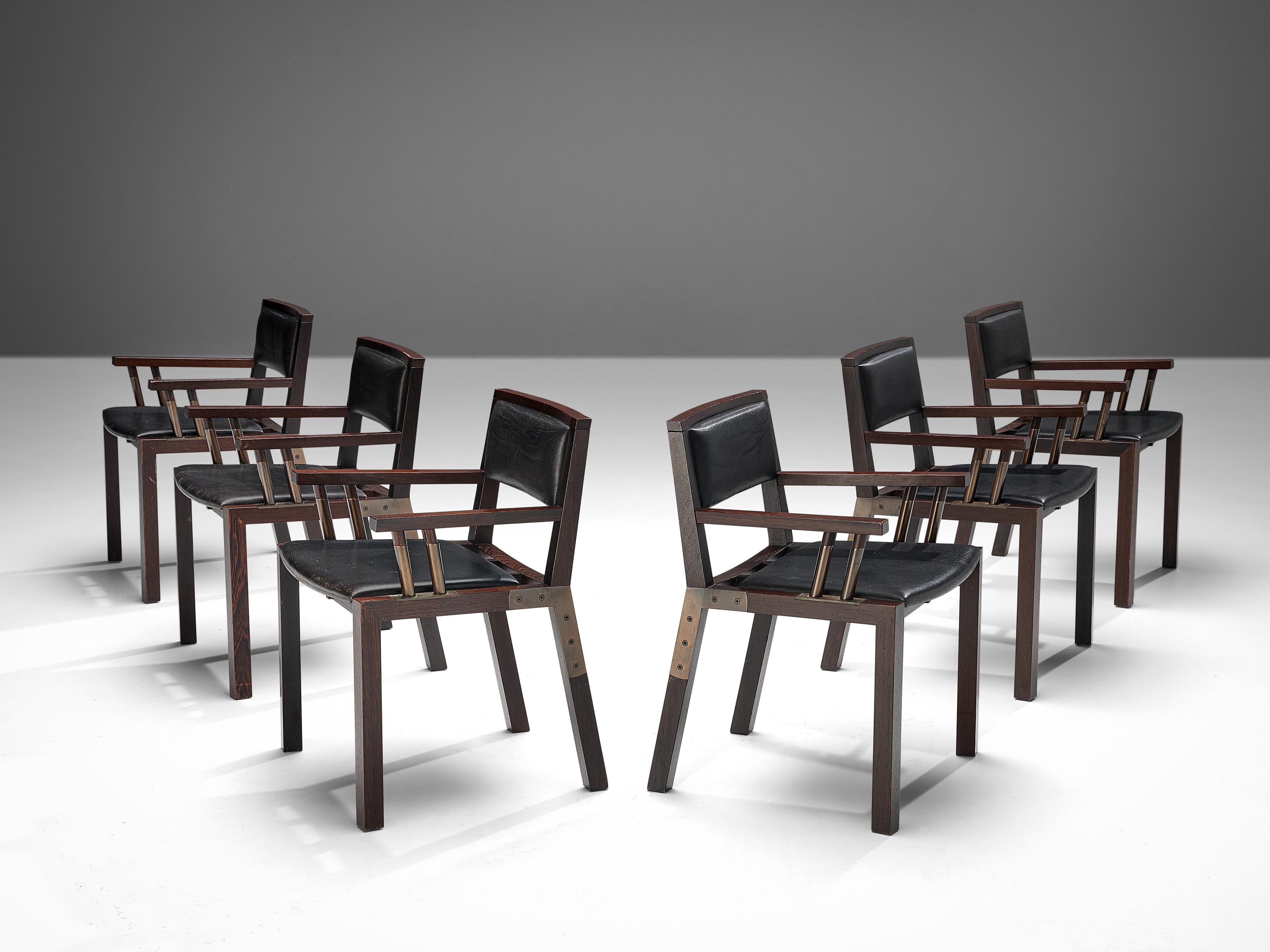 Jean-Michel Wilmotte for Tecno, set of six dining chairs model ‘Grand Louvre’, wenge, leather, Italy, circa 1989 

These extremely rare dining chairs are designed by the renowned French architect Jean-Michel Wilmotte and commissioned by the Parisian
