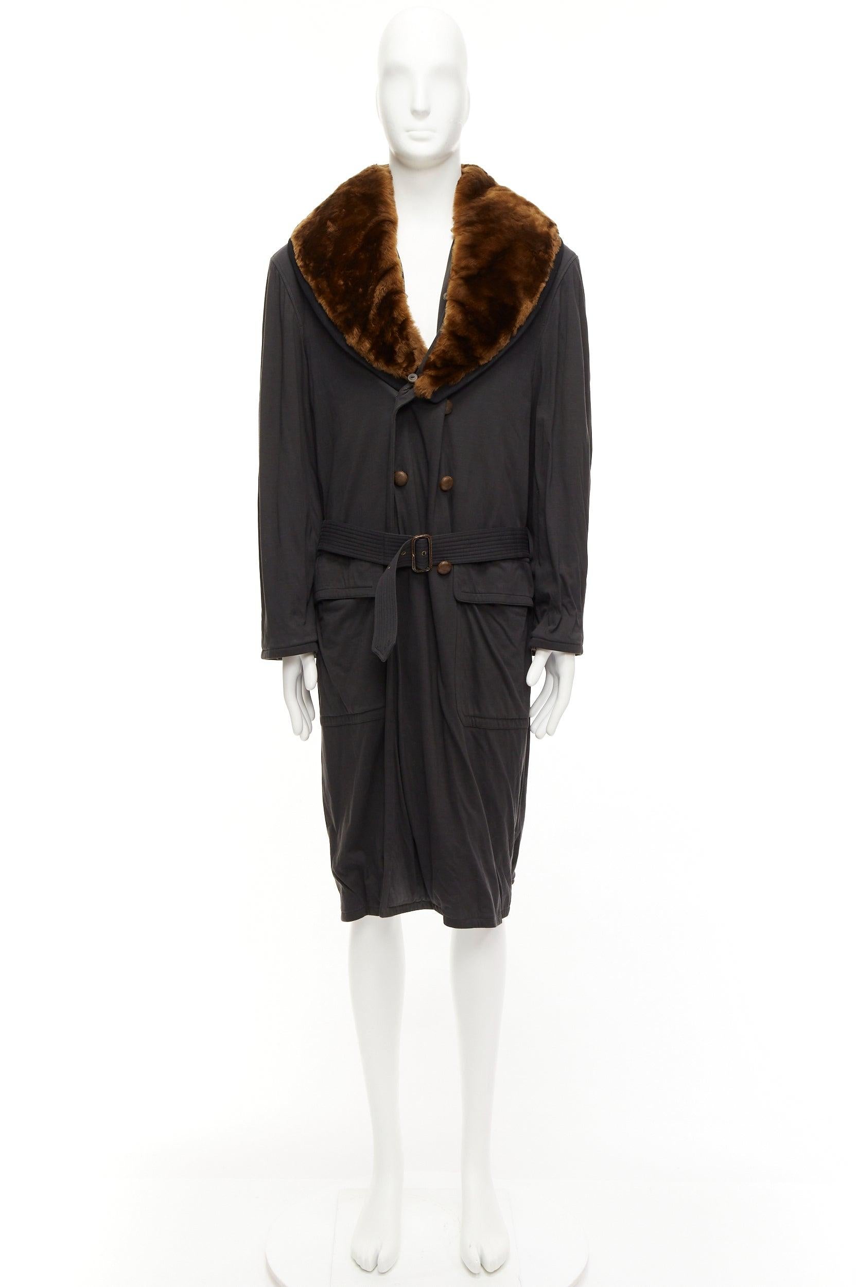 rare JEAN PAUL GAULTIER HOMME brown faux fur collar black cotton belted coat L For Sale 6