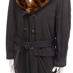 rare JEAN PAUL GAULTIER HOMME manteau ceinturé en coton noir à col en fausse fourrure Brown L