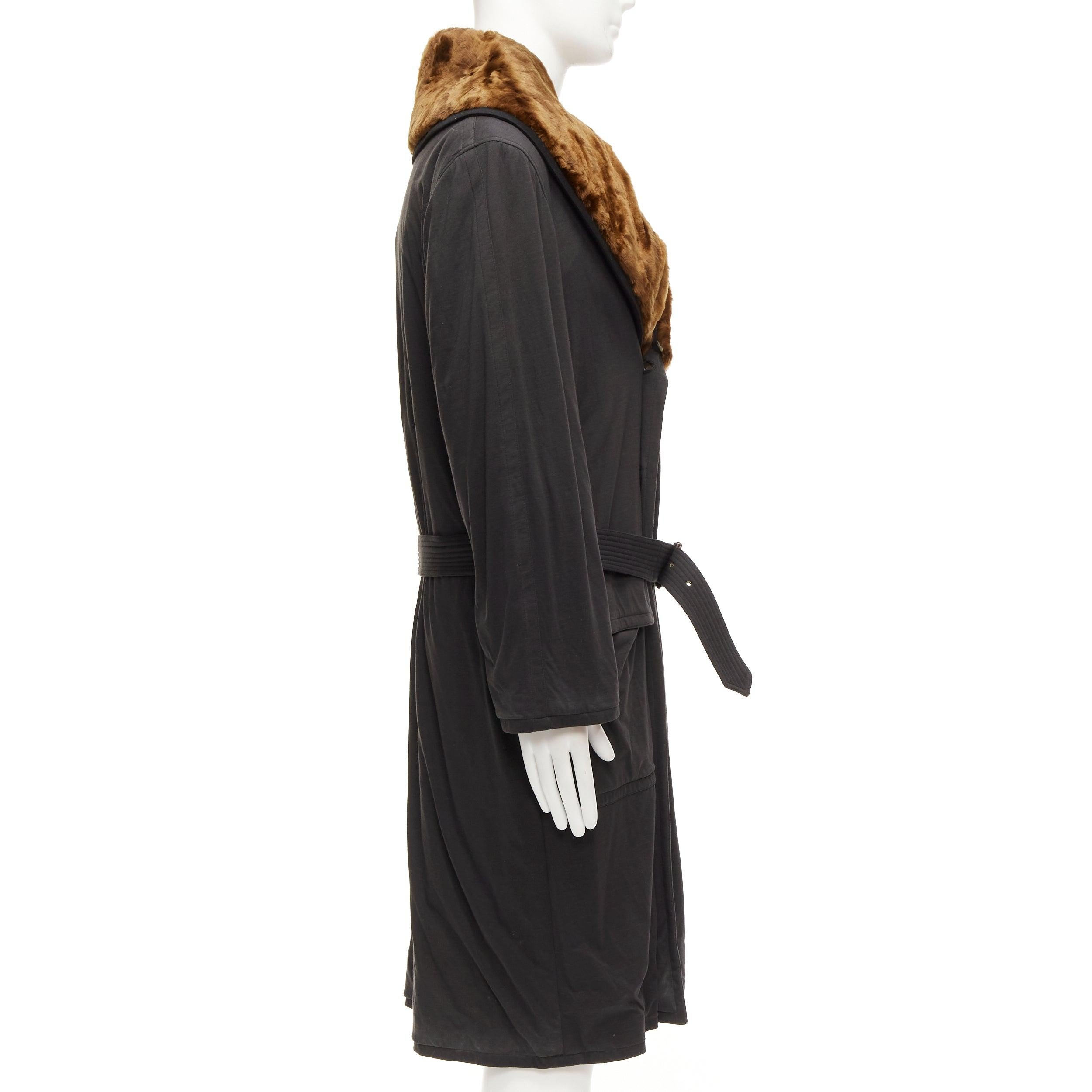 rare JEAN PAUL GAULTIER HOMME manteau ceinturé en coton noir à col en fausse fourrure Brown L Pour hommes en vente