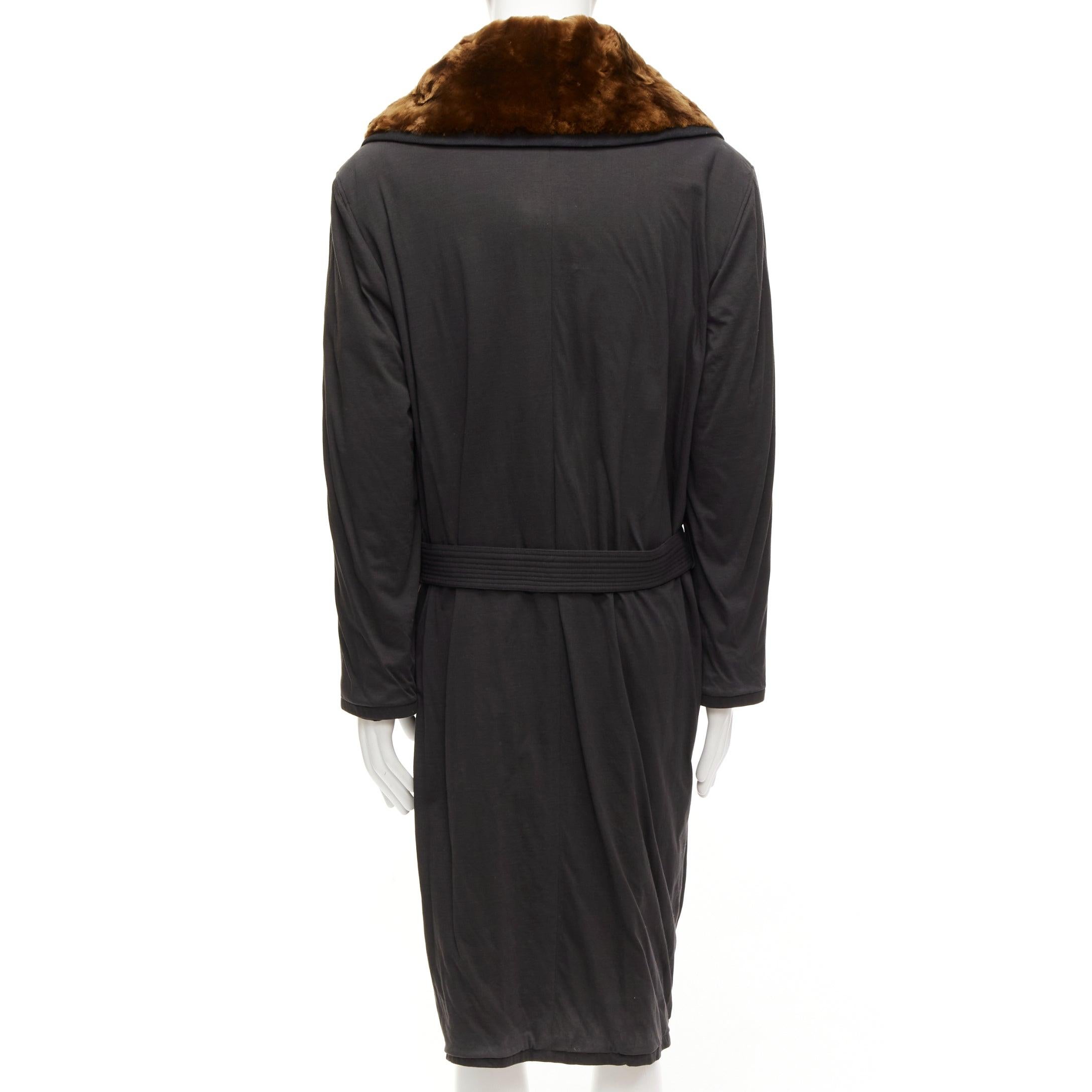rare JEAN PAUL GAULTIER HOMME brown faux fur collar black cotton belted coat L For Sale 2