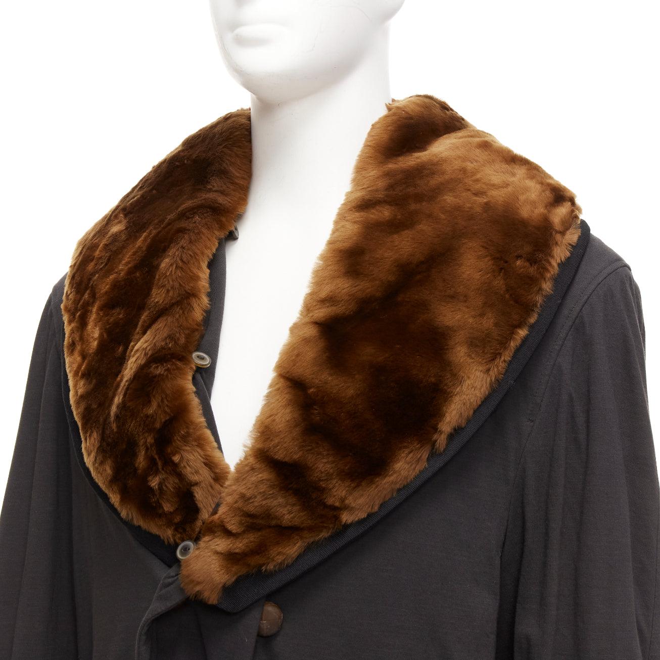 rare JEAN PAUL GAULTIER HOMME brown faux fur collar black cotton belted coat L For Sale 4