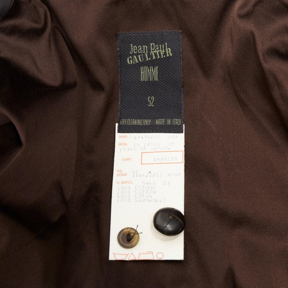 rare JEAN PAUL GAULTIER HOMME brown faux fur collar black cotton belted coat L For Sale 5