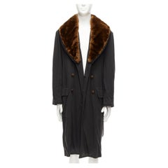 rare JEAN PAUL GAULTIER HOMME brown faux fur collar black cotton belted coat L