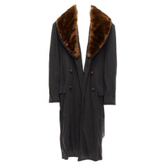 rare JEAN PAUL GAULTIER HOMME manteau ceinturé en coton noir à col en fausse fourrure Brown L