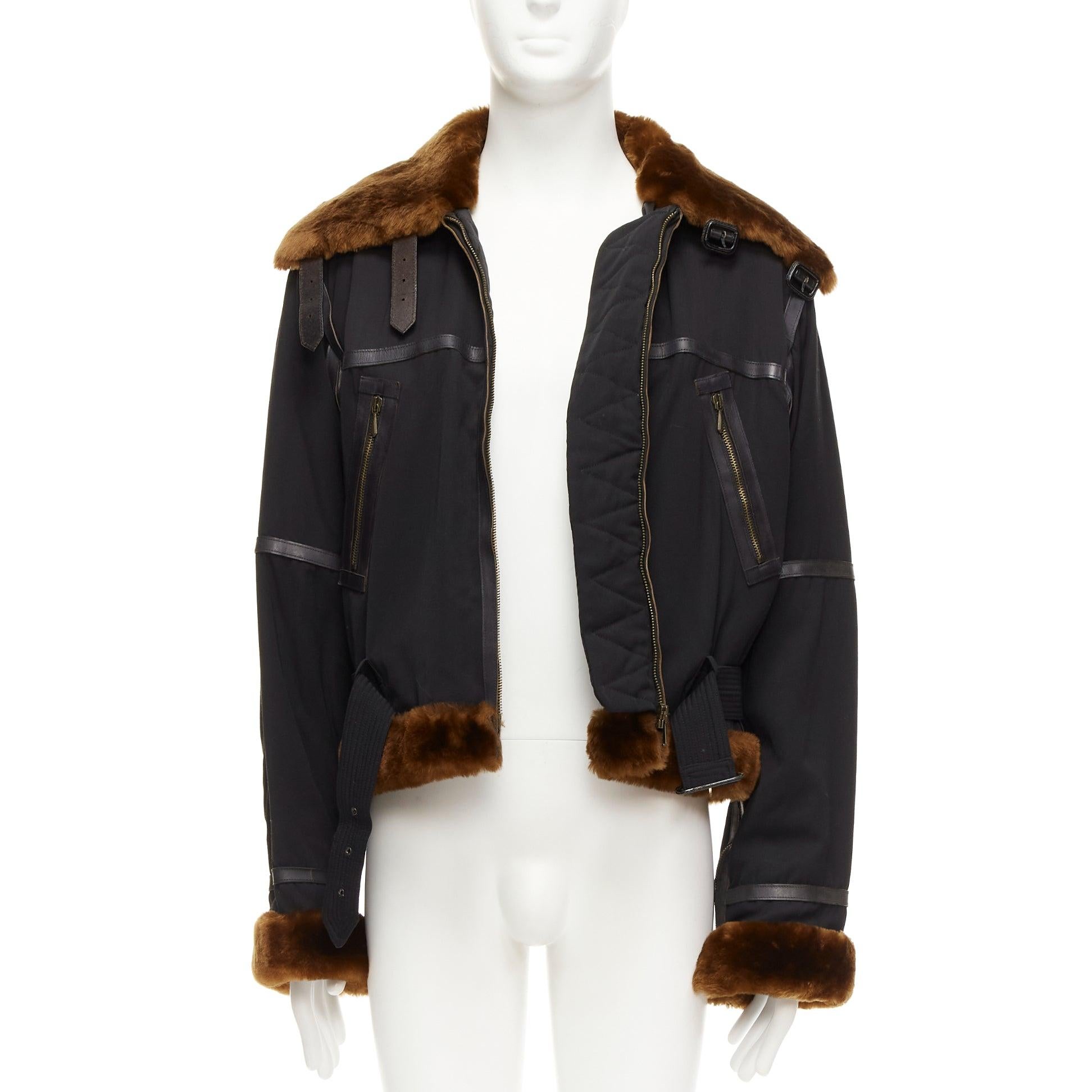 Black rare JEAN PAUL GAULTIER HOMME wool brown faux fur aviator flight jacket IT50 L For Sale