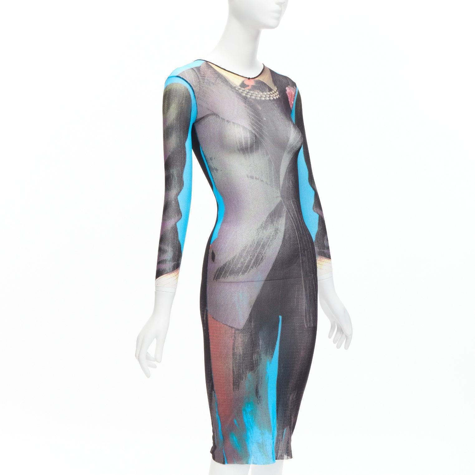 Gris JEAN PAUL GAULTIER MAILLE 1997 Vintage Runway robe transparente à imprimé trompe-l'œil