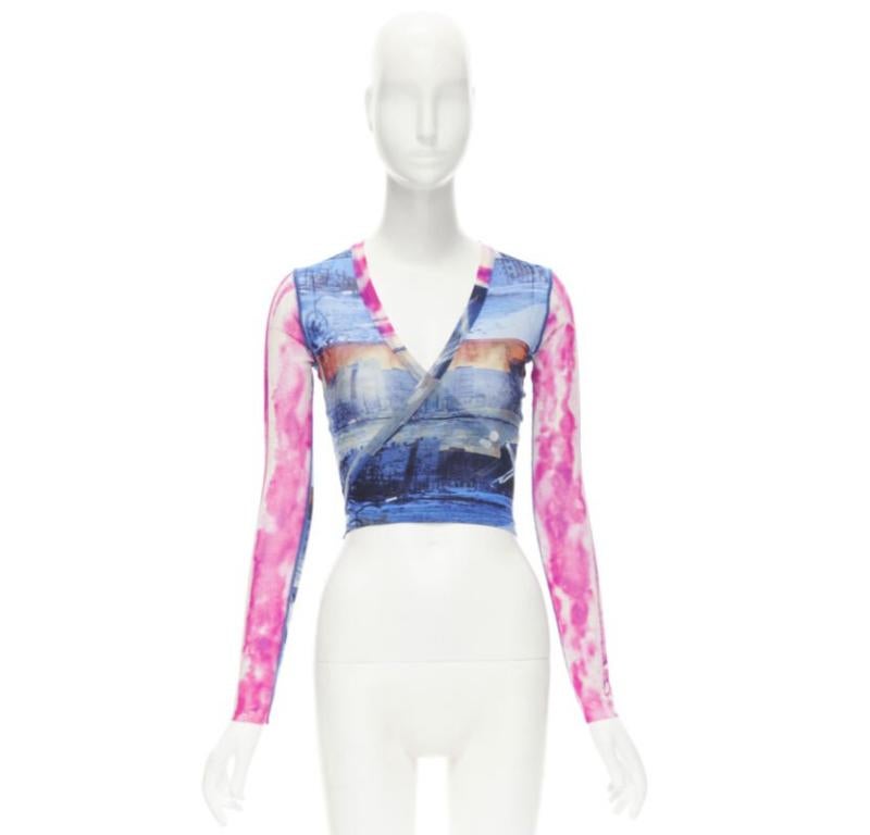 rare JEAN PAUL GAULTIER Soleil Vintage blue pink cityscape sheer wrap top S For Sale 5