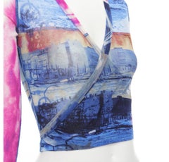 rare JEAN PAUL GAULTIER Soleil Vintage blue pink cityscape sheer wrap top S