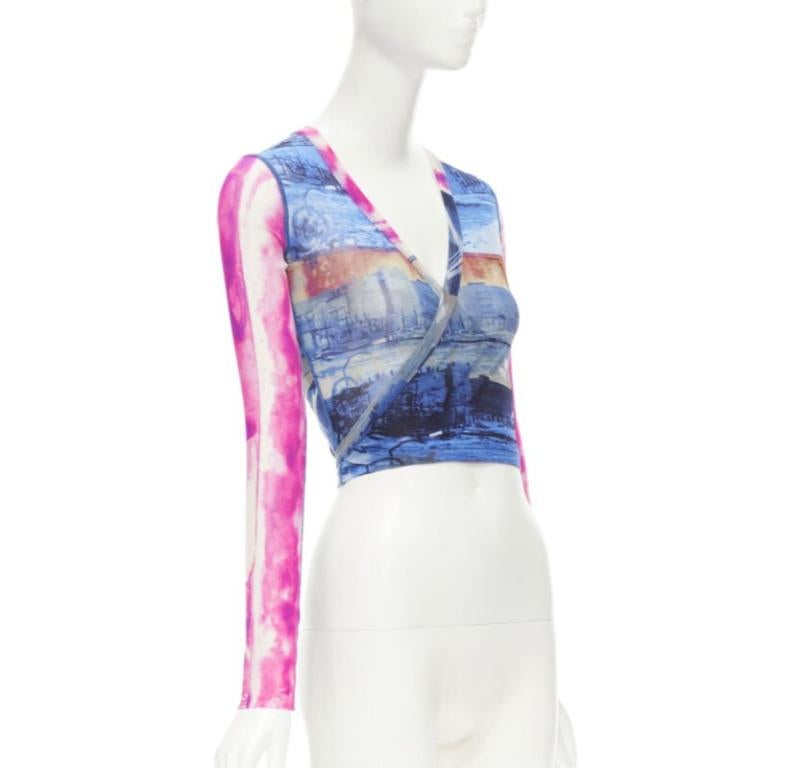Gray rare JEAN PAUL GAULTIER Soleil Vintage blue pink cityscape sheer wrap top S For Sale