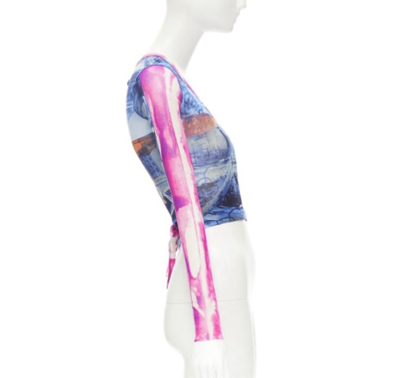 rare JEAN PAUL GAULTIER Soleil Vintage blue pink cityscape sheer wrap top S In Excellent Condition For Sale In Hong Kong, NT