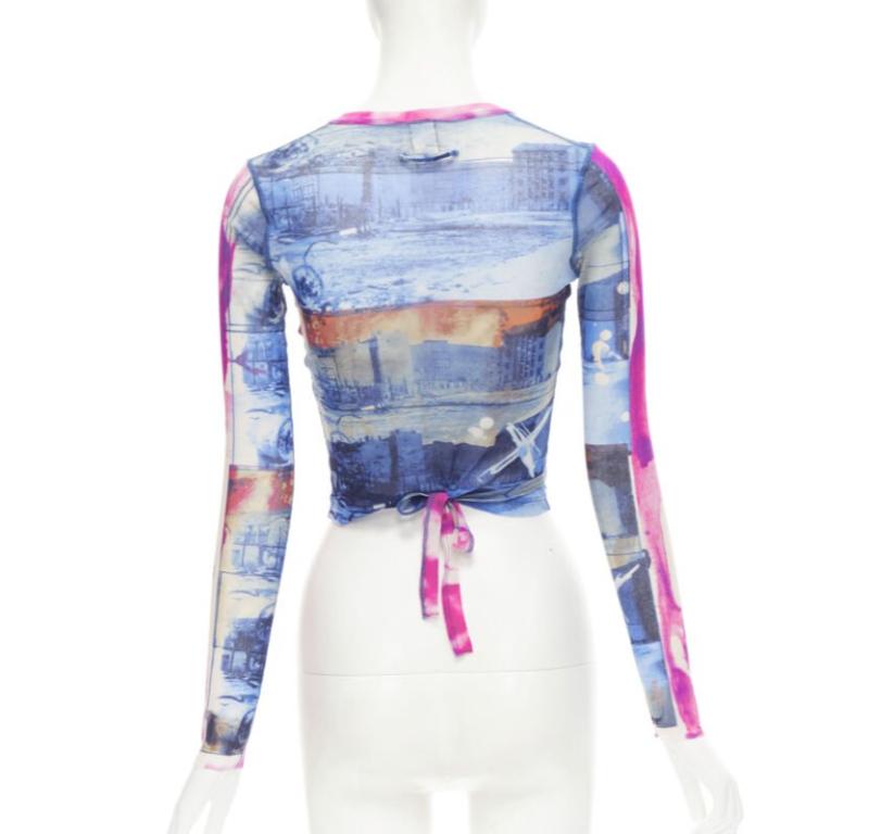 Women's rare JEAN PAUL GAULTIER Soleil Vintage blue pink cityscape sheer wrap top S For Sale