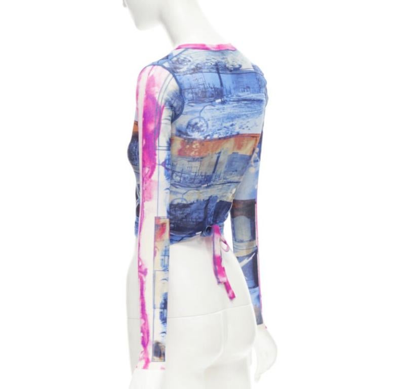 rare JEAN PAUL GAULTIER Soleil Vintage blue pink cityscape sheer wrap top S For Sale 1