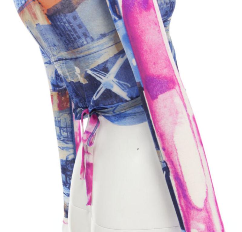rare JEAN PAUL GAULTIER Soleil Vintage blue pink cityscape sheer wrap top S For Sale 2