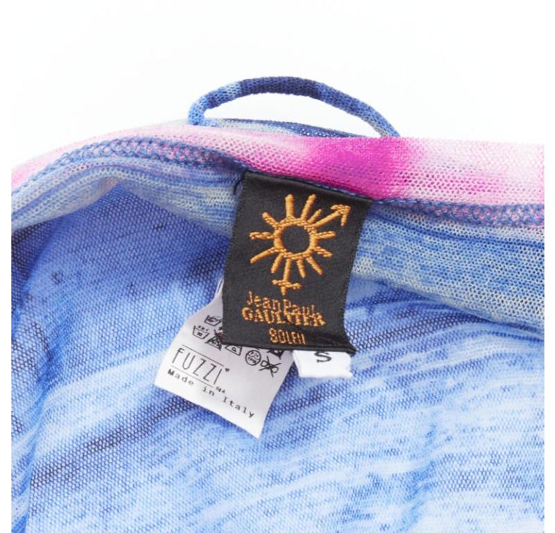 rare JEAN PAUL GAULTIER Soleil Vintage blue pink cityscape sheer wrap top S For Sale 4