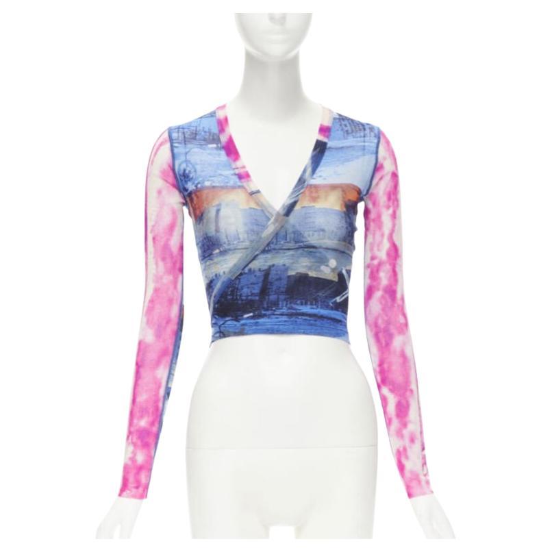 rare JEAN PAUL GAULTIER Soleil Vintage blue pink cityscape sheer wrap top S For Sale
