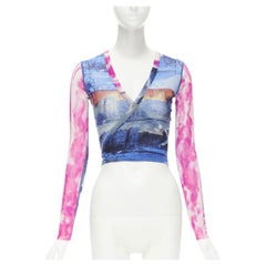 rare JEAN PAUL GAULTIER Soleil Vintage blue pink cityscape sheer wrap top S
