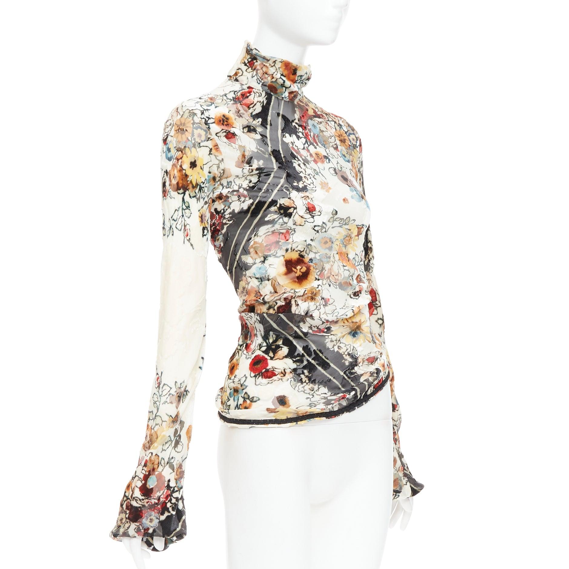Beige rare JEAN PAUL GAULTIER Vintage cream floral qipao devore asymmetric top IT38 XS For Sale