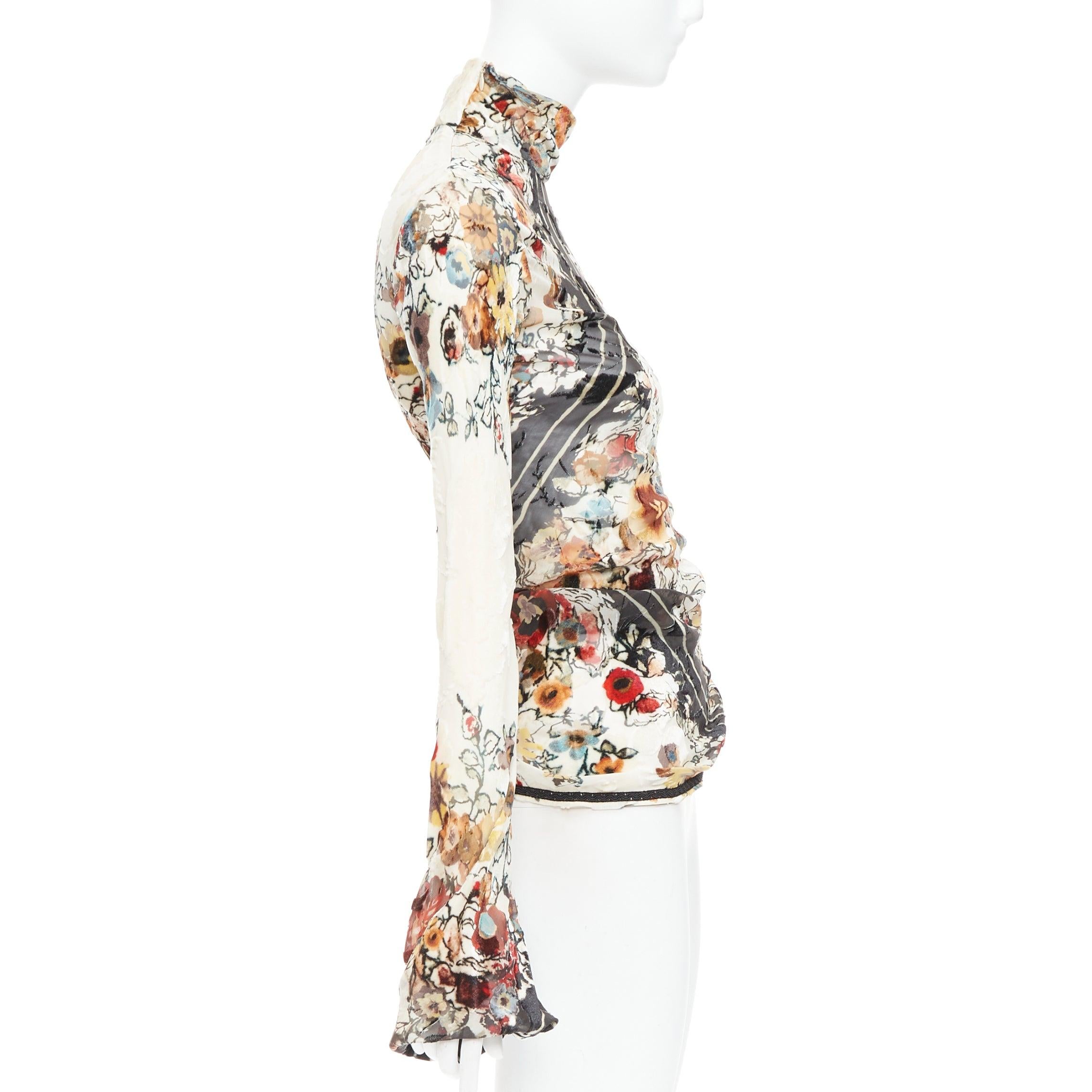 rare JEAN PAUL GAULTIER Vintage cream floral qipao devore asymmetric top IT38 XS In Excellent Condition For Sale In Hong Kong, NT