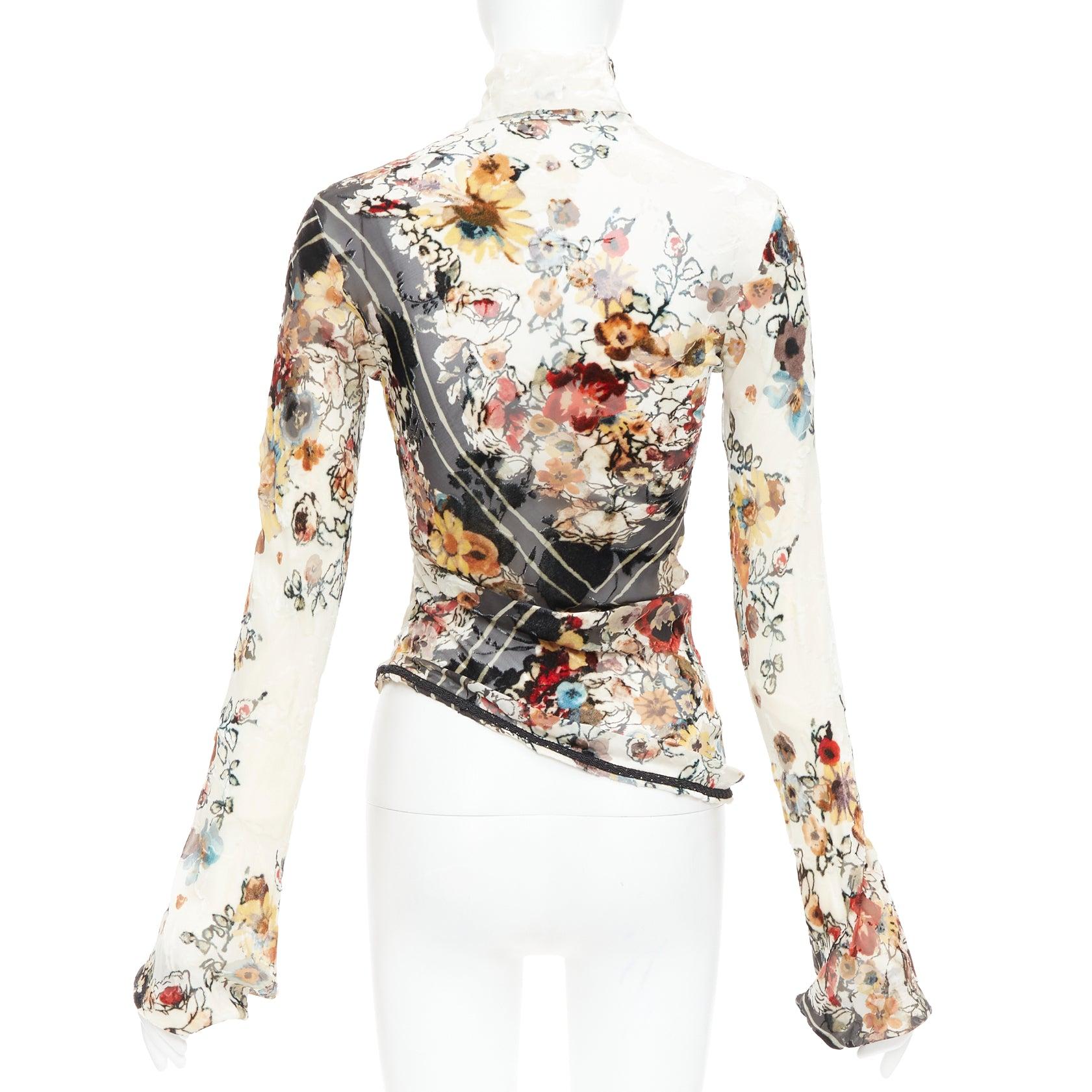 Women's rare JEAN PAUL GAULTIER Vintage cream floral qipao devore asymmetric top IT38 XS For Sale