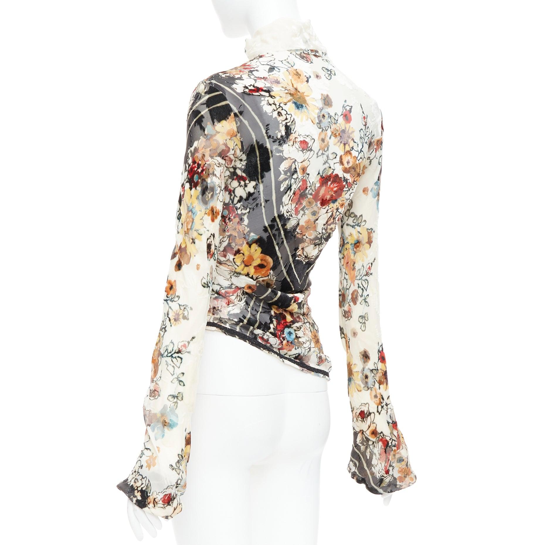 rare JEAN PAUL GAULTIER Vintage cream floral qipao devore asymmetric top IT38 XS For Sale 1