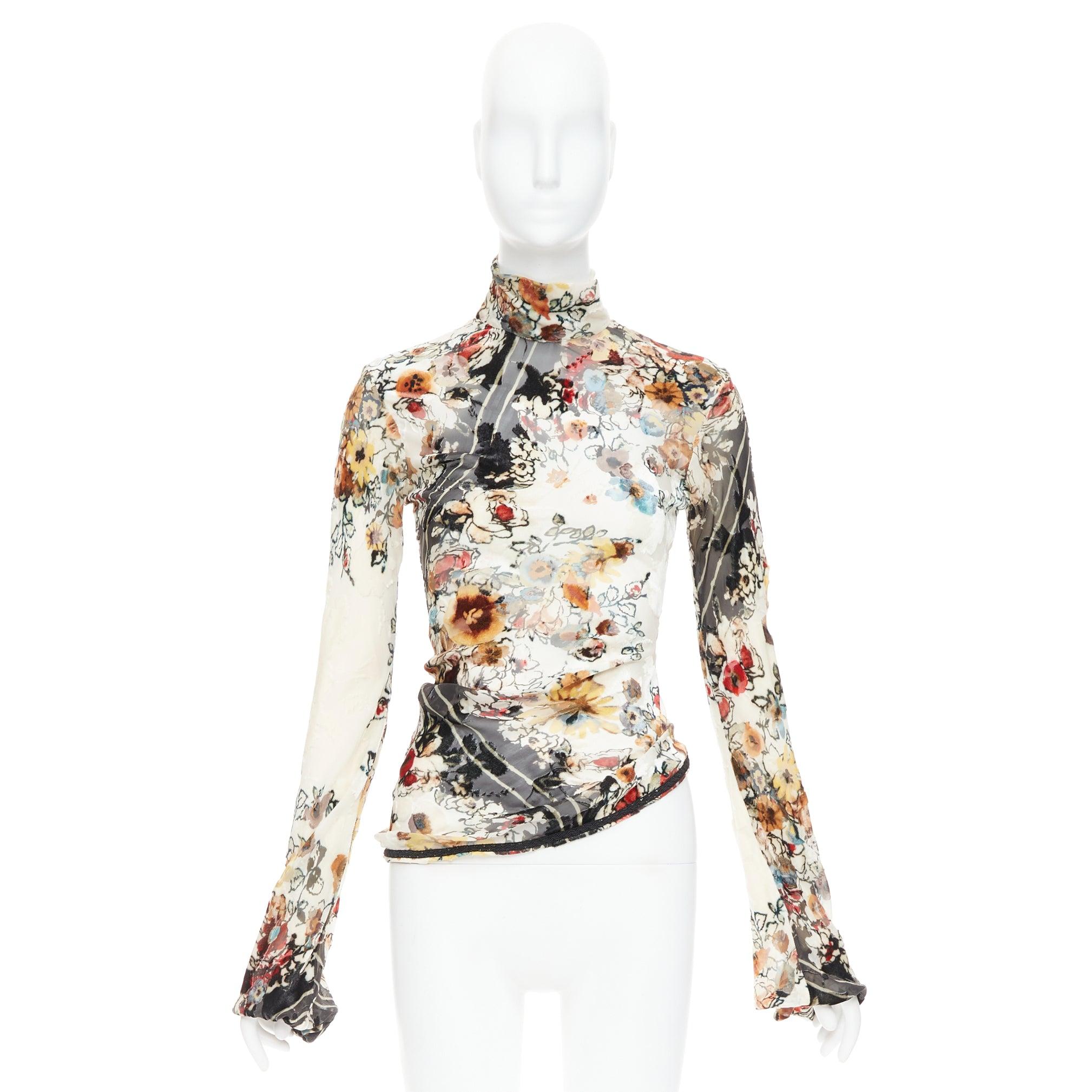 rare JEAN PAUL GAULTIER Vintage cream floral qipao devore asymmetric top IT38 XS For Sale 4