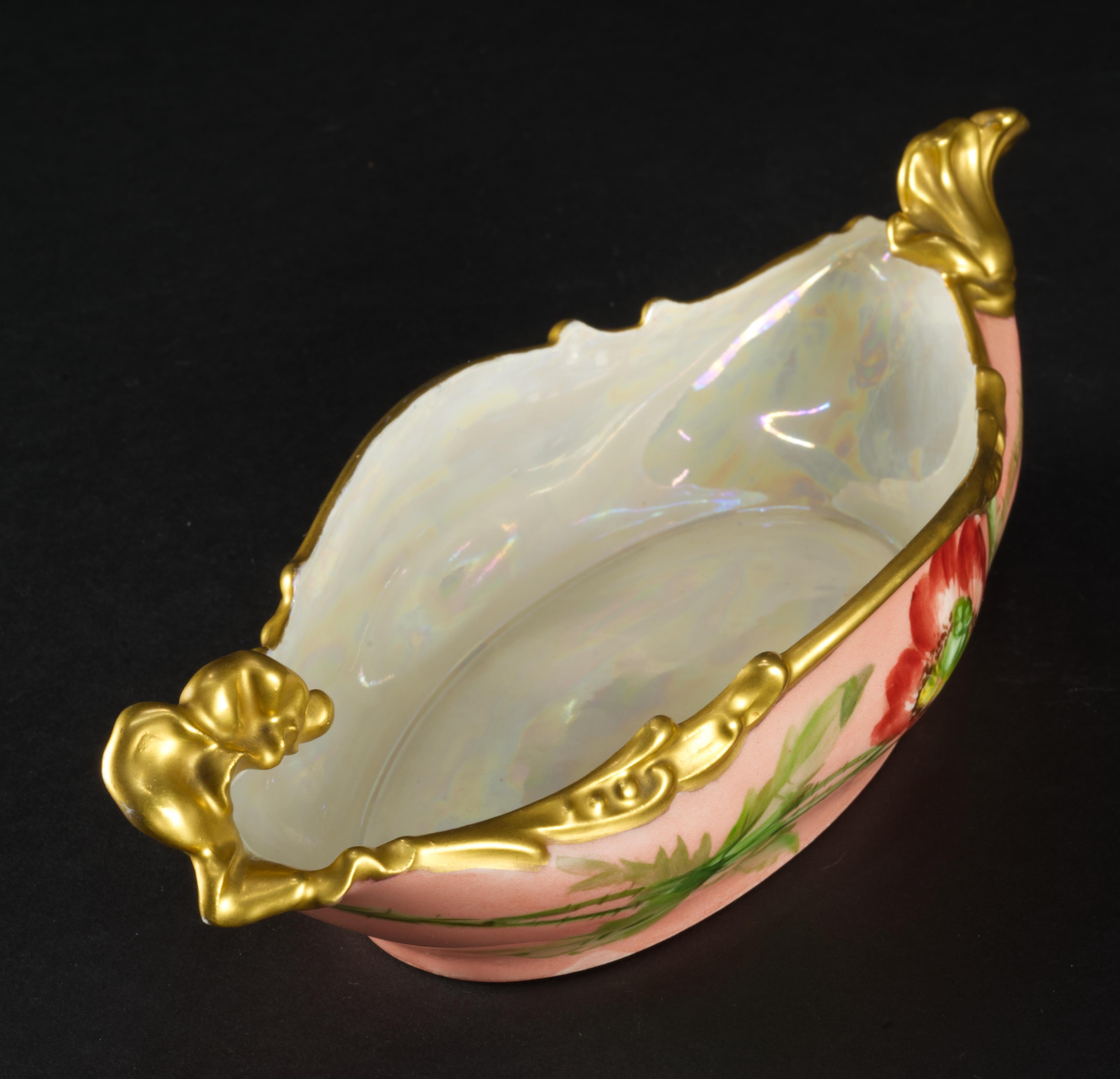 French Rare Jean Pouyat Limoges France Oval Hand-painted Porcelain Ravier Bowl, 1926 For Sale