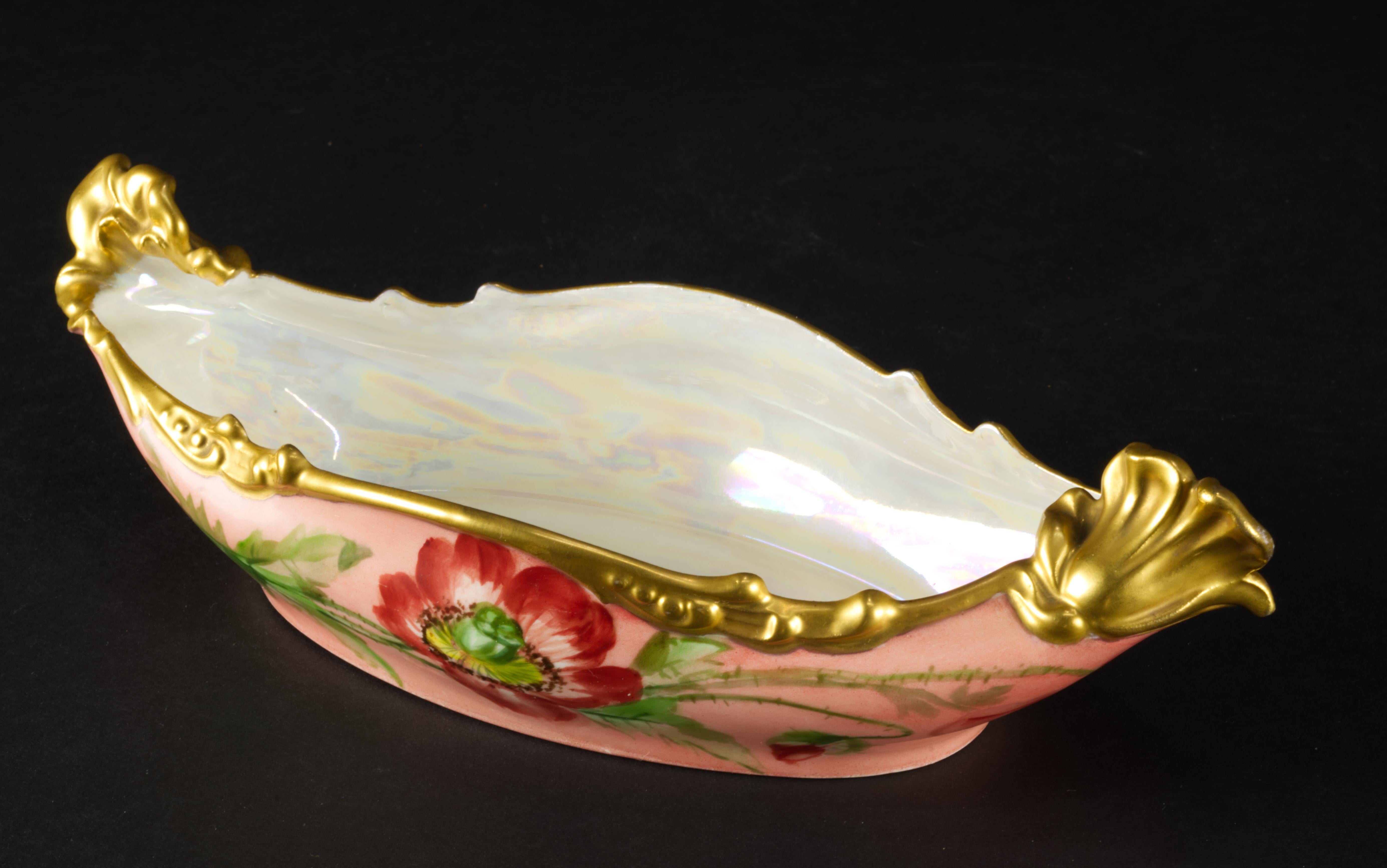 Hand-Crafted Rare Jean Pouyat Limoges France Oval Hand-painted Porcelain Ravier Bowl, 1926 For Sale
