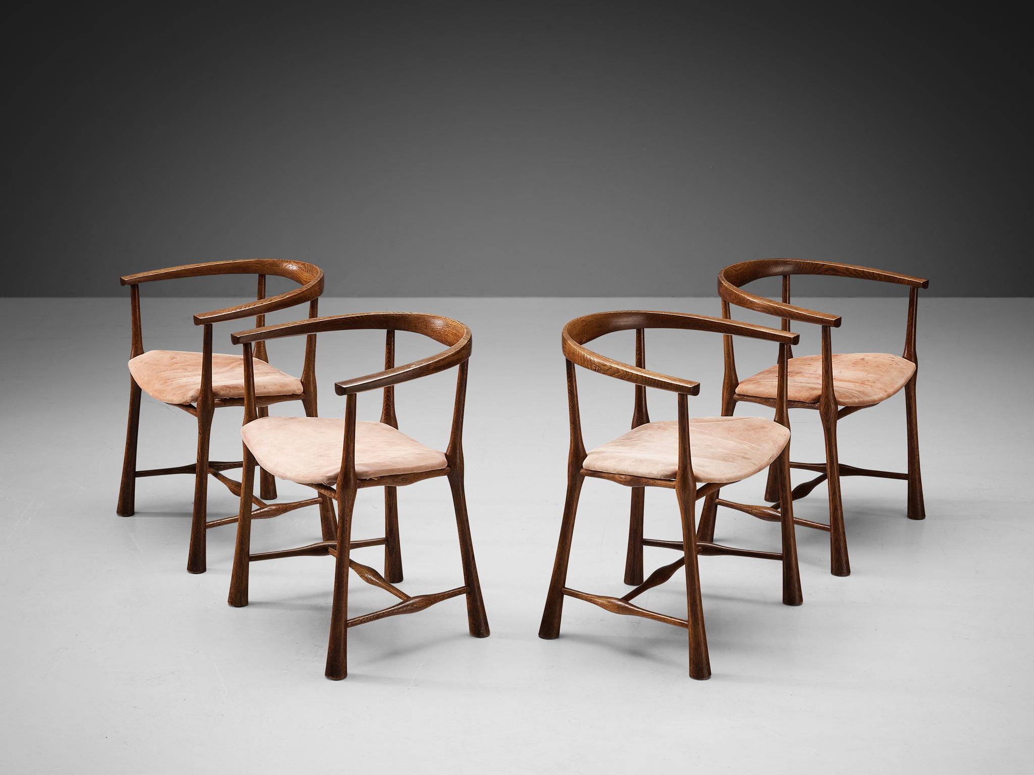 Jens Harald Quistgaard for Nissen Langå, set of four dining chairs model 530, oak, suede, Denmark, design 1964-65

Danish sculptor and designer Jens Harald Quistgaard (1919-2008) is particularly known for designing kitchenware and tableware.