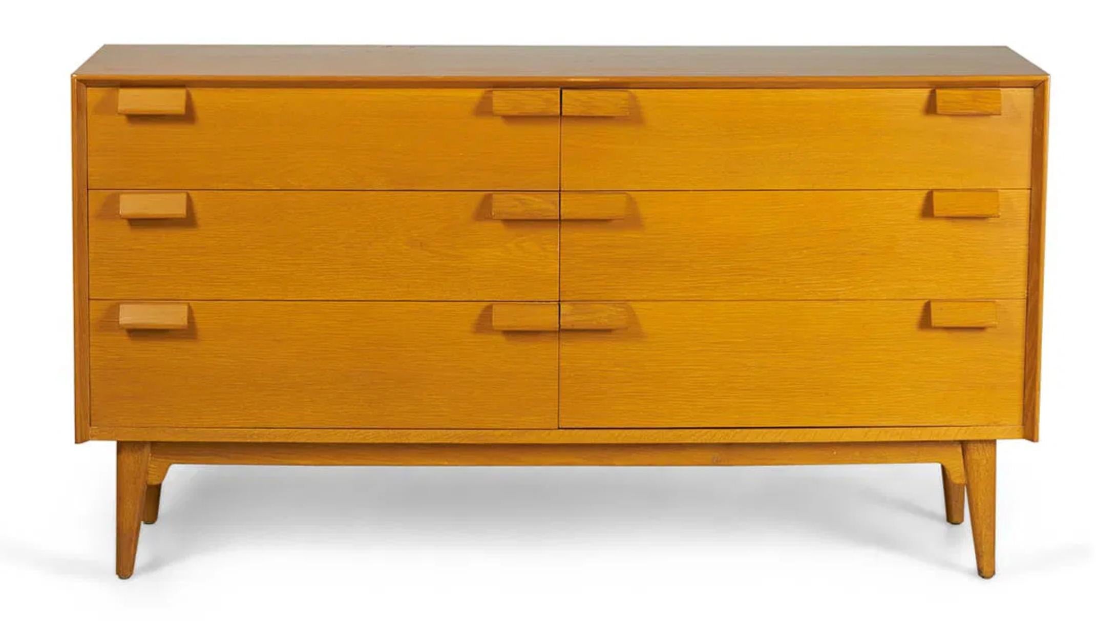 Model S-240 bachelor's chests in blonde cerused oak by Jens Risom, likely produced in his NYC workshop c. 1949. This pairwood finishing technique that creates a two-toned look, where the open grain of the wood is accentuated against a contrasting