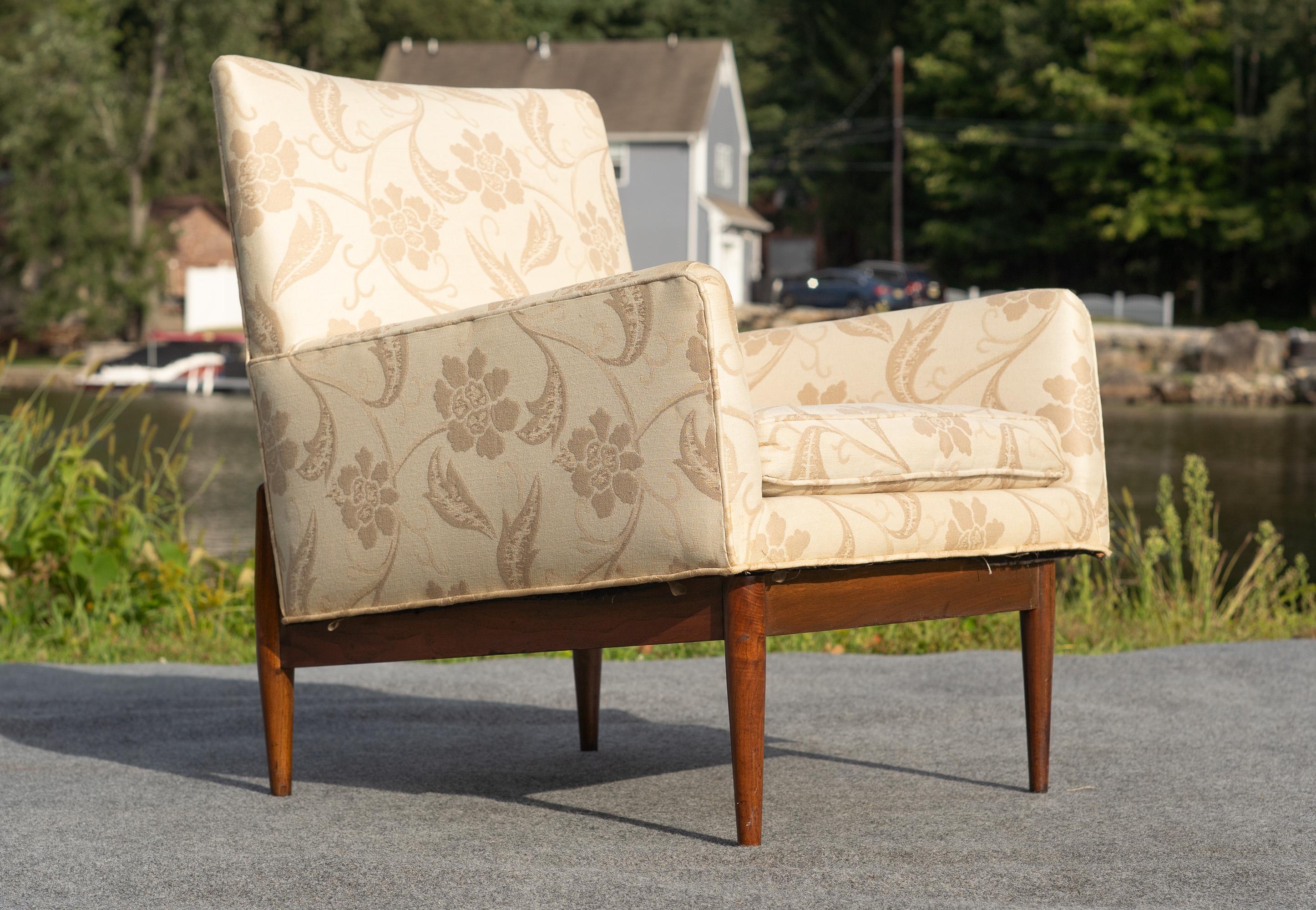 Rare Jens Risom Walnut & Light Fabric Floating Lounge Chair, 1953 For Sale 8