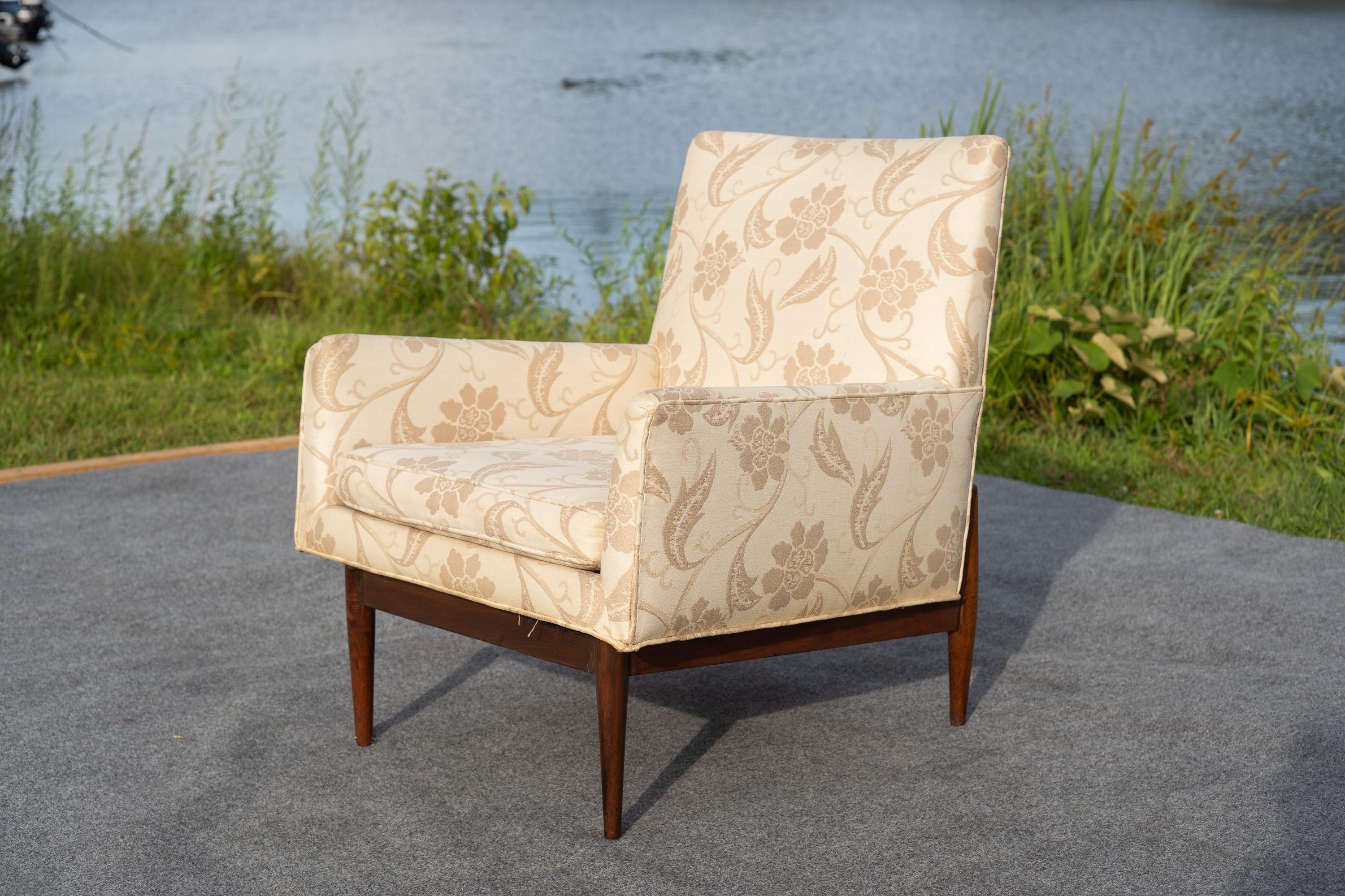 American Rare Jens Risom Walnut & Light Fabric Floating Lounge Chair, 1953 For Sale