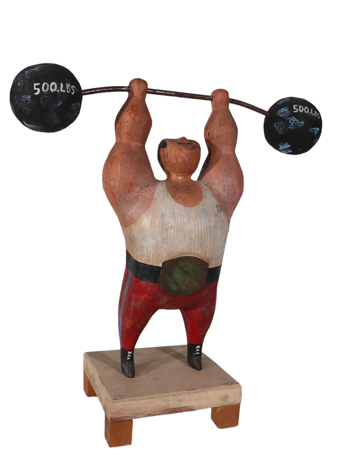 Hand-Painted Rare Jere Wood Sculpture of Weightlifter signed C.Jere  and dated 1982
