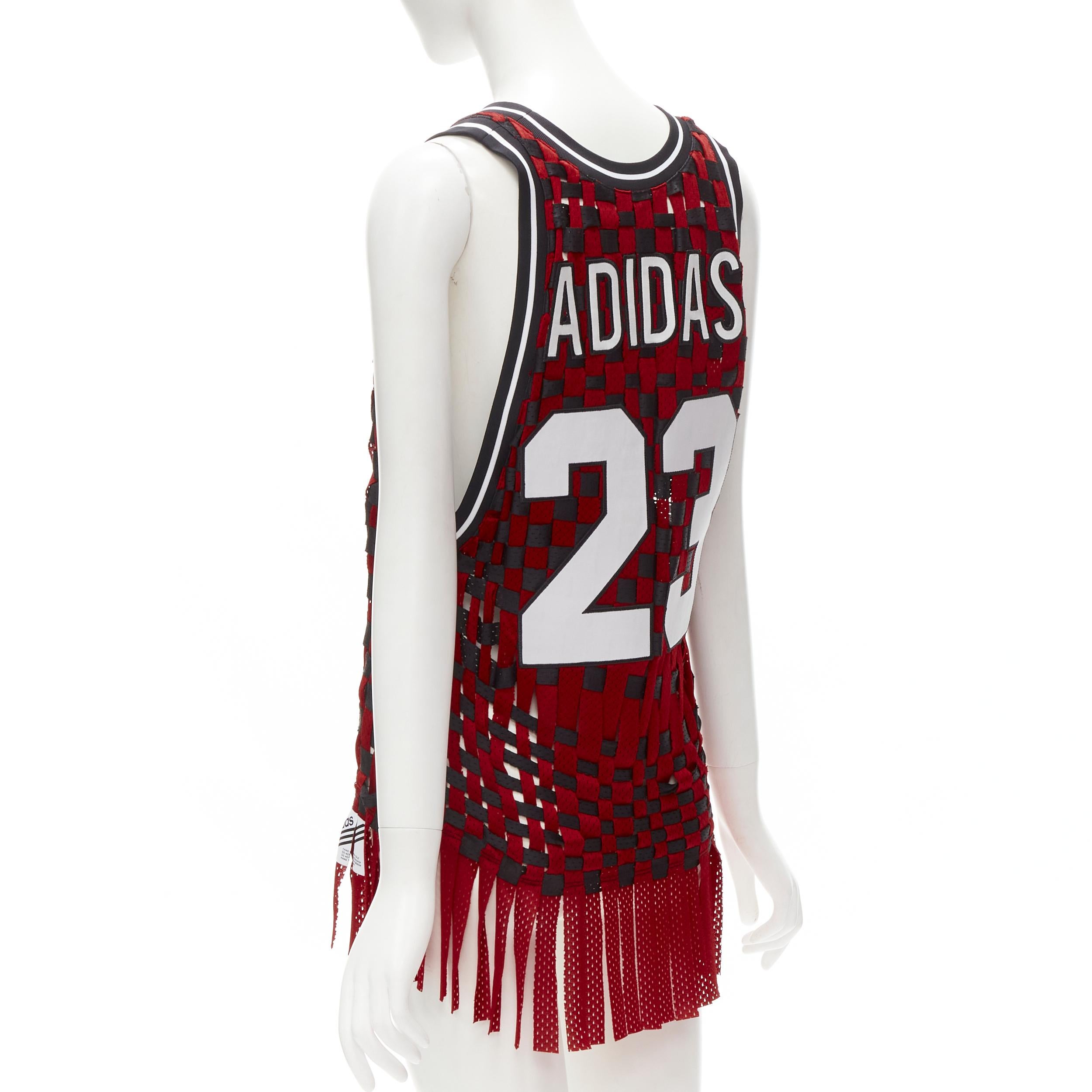raro JEREMY SCOTT ADIDAS 23 negro rojo deconstruido tejido camiseta de baloncesto XS 1